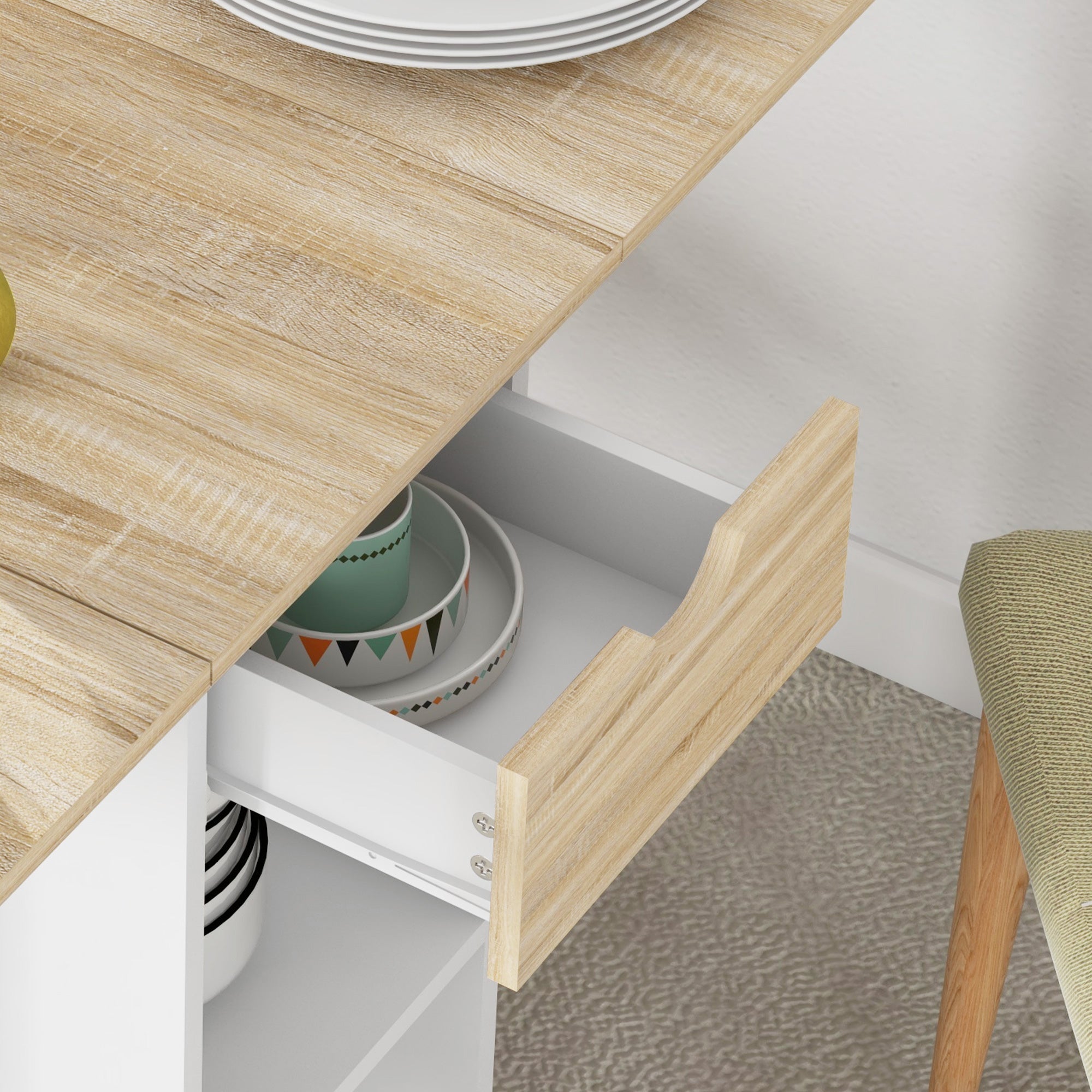 Folding Dining Table, Drop Leaf Table for Small Spaces, Foldable Table with Drawer and Storage Shelves for Kitchen, Dining Room, Oak