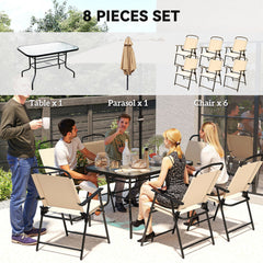 8 Pieces Garden Dining Set with Umbrella, Patio Sets with Parasol with 6 Foldable Chairs, Glass Top Table, and Sun Parasol, Beige
