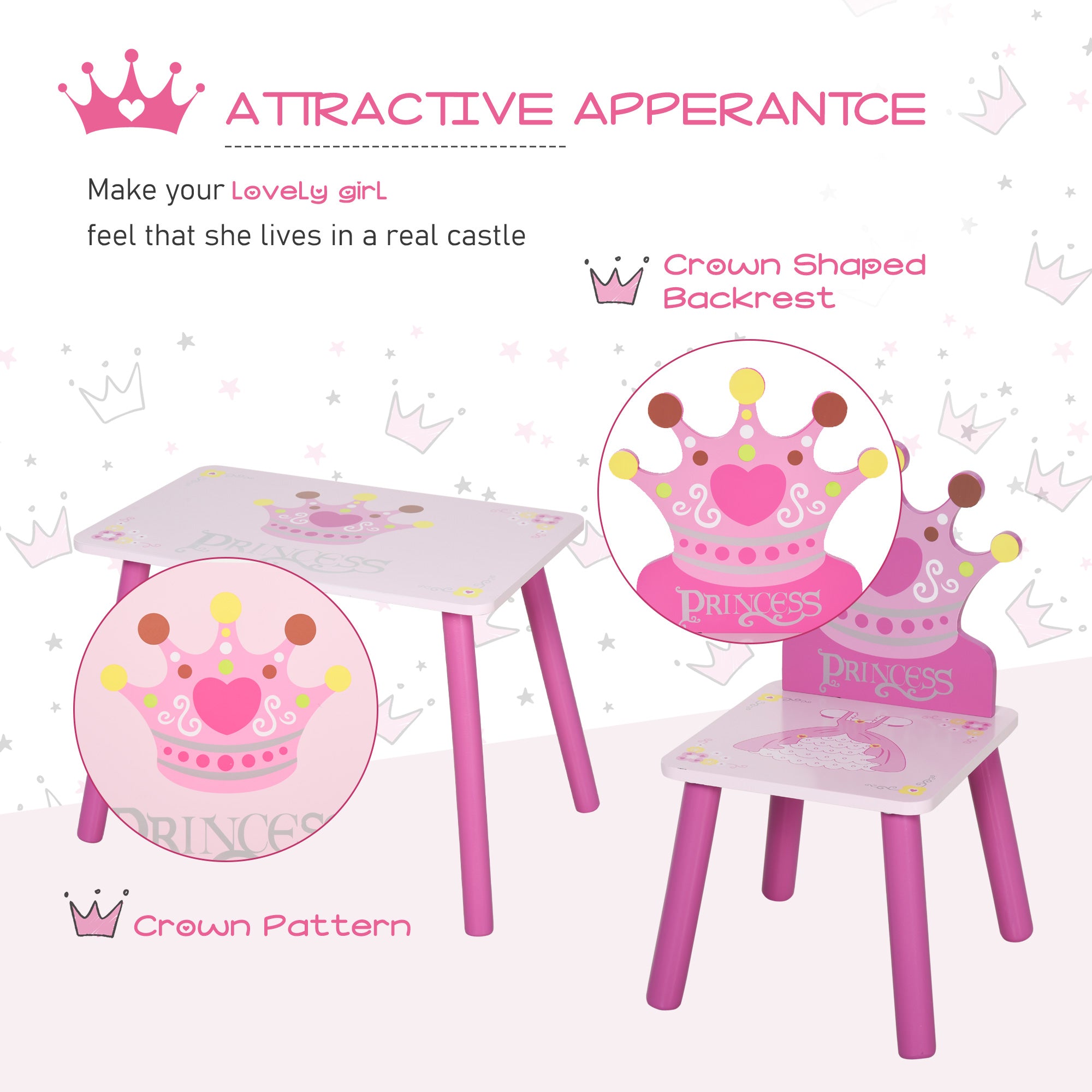 3 Pcs Kids and Table Chair Set Princess & Crown Theme Home Furniture Pretty Gift 2-4 Years Pink