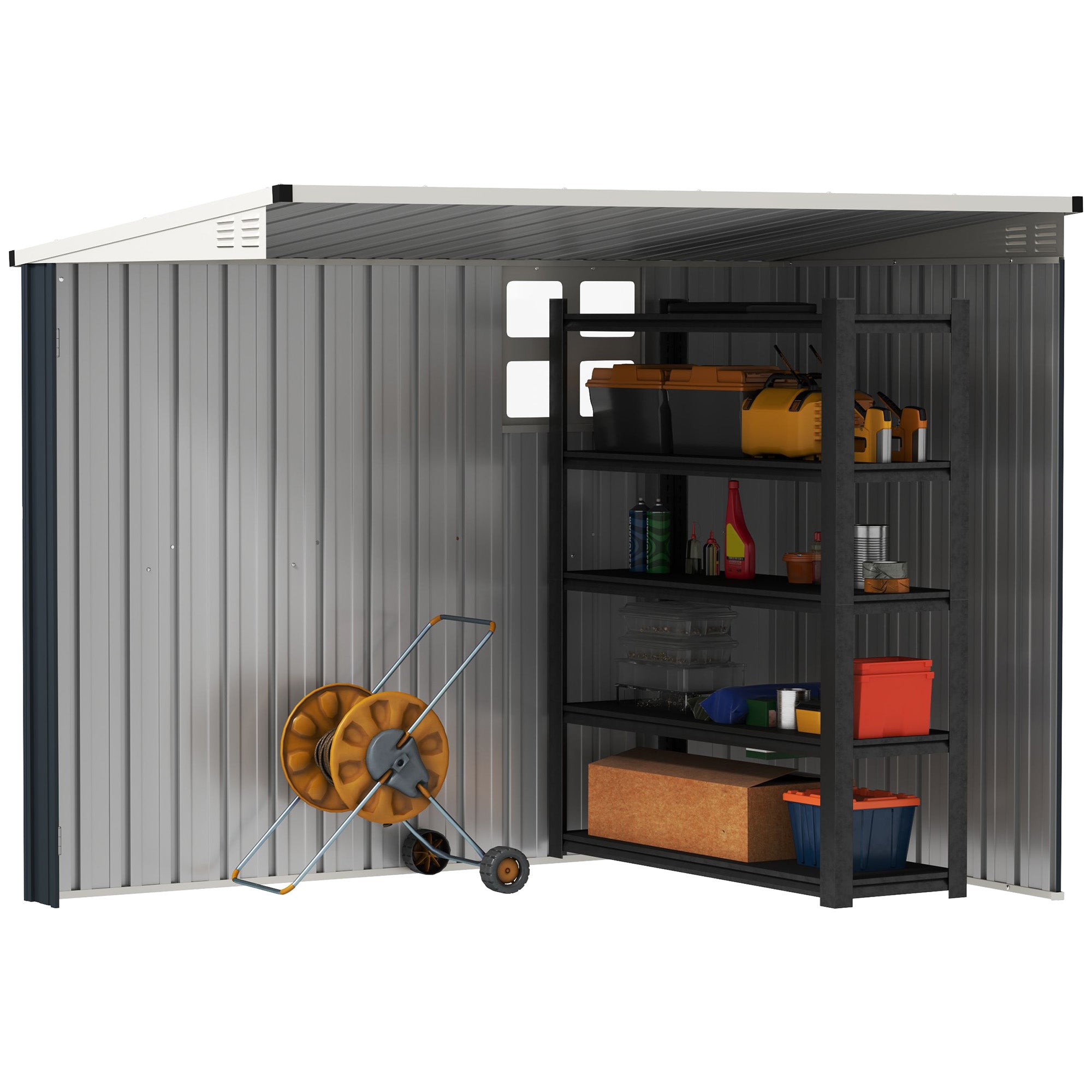 Fynco - 7.6 x 4ft Garden Metal Shed, Outdoor Storage Shed with Window, 2 Vents and Lockable Door for Garden, Patio, Dark Grey