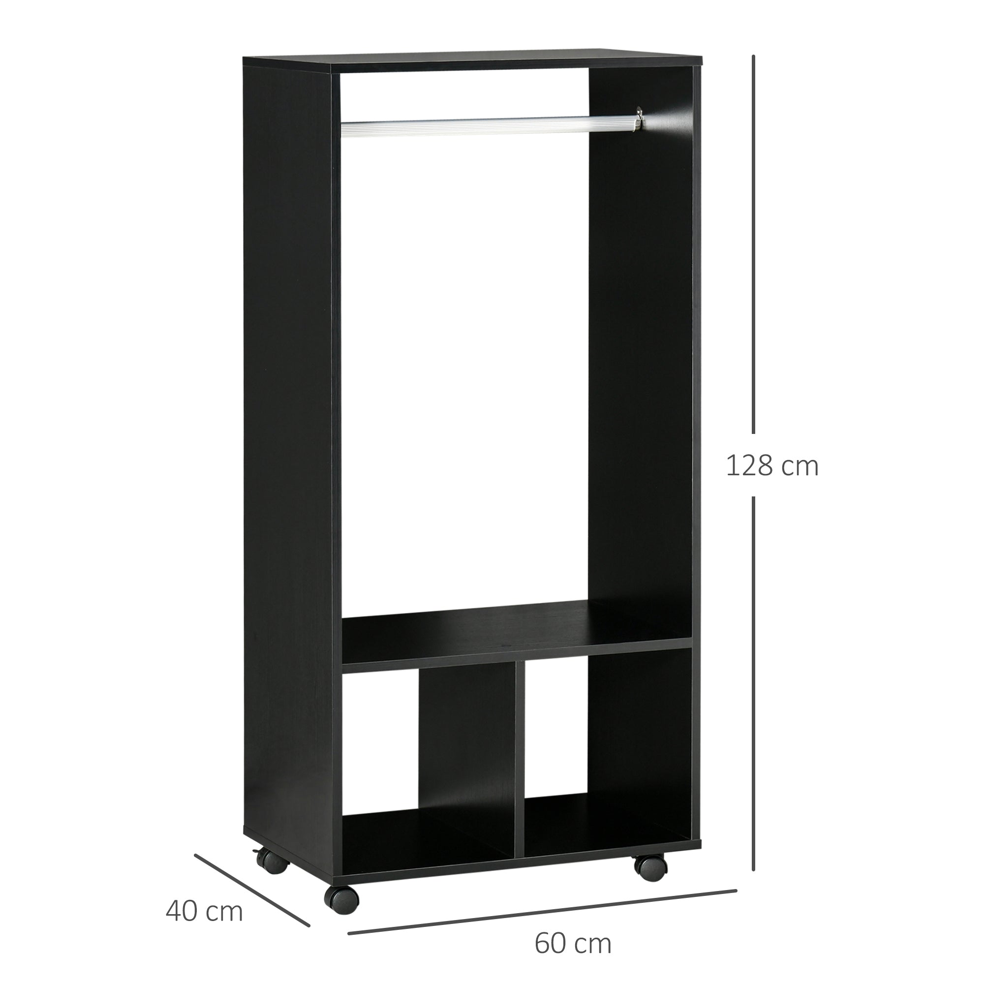 Open Wardrobe on Wheels, Bedroom Wardrobe with Clothes Hanging Rail, 2 Storage Shelves, Mobile Garment Rack for Cloakroom, Hallway, Black