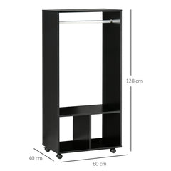Open Wardrobe on Wheels, Bedroom Wardrobe with Clothes Hanging Rail, 2 Storage Shelves, Mobile Garment Rack for Cloakroom, Hallway, Black