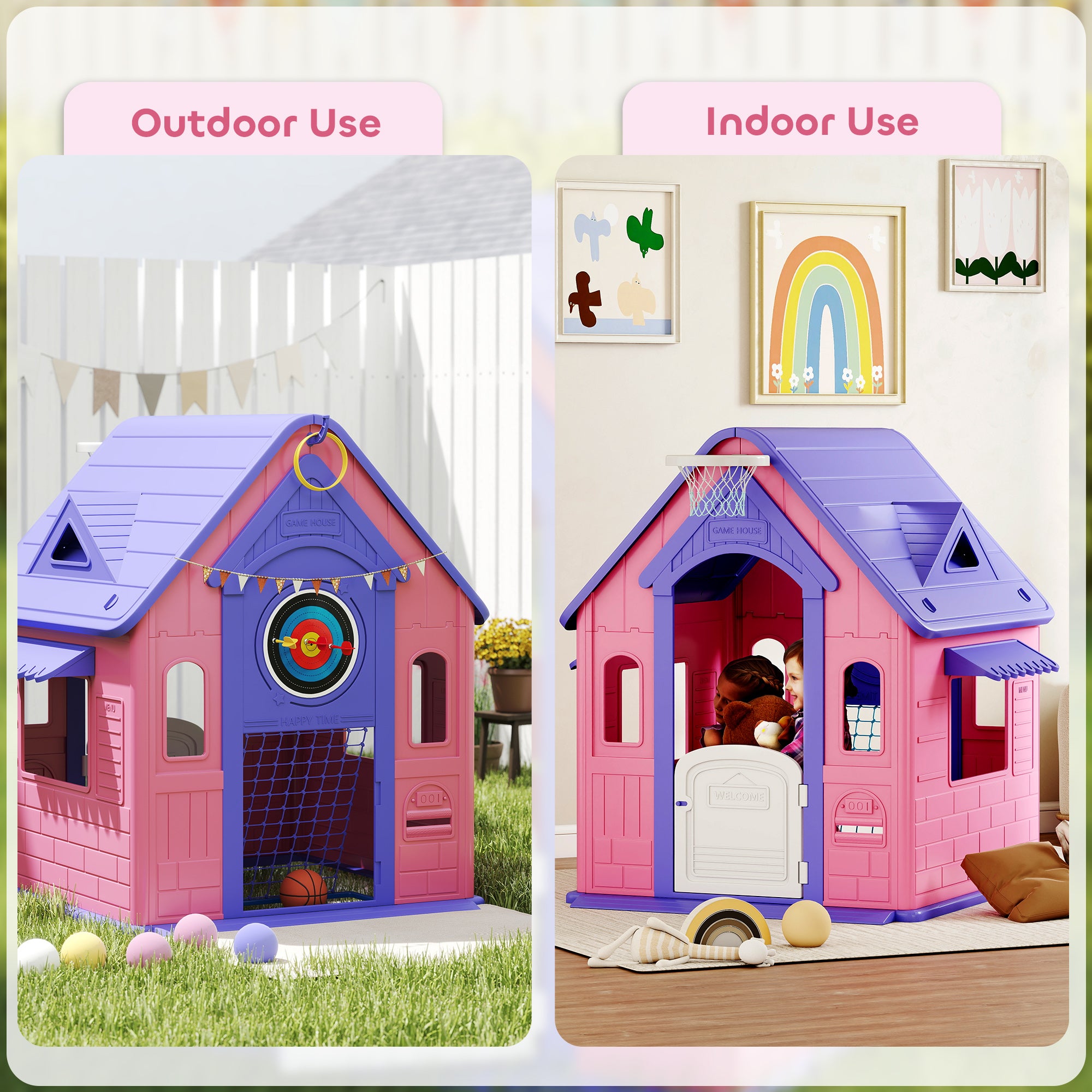 AIYAPLAY 5-in-1 Playhouse for Kids Outdoor Indoor with Basketball Hoop, Football Goal, Dartboard, Ring Toss for 2-5 Years, Pink