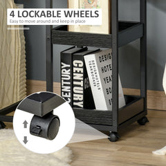 Mobile Sofa Side Table Set of 2, Industrial C-Shaped Rolling Couch Table with 3-Tier Storage Shelving Four Lockable Wheels Steel Frame, Dark Brown