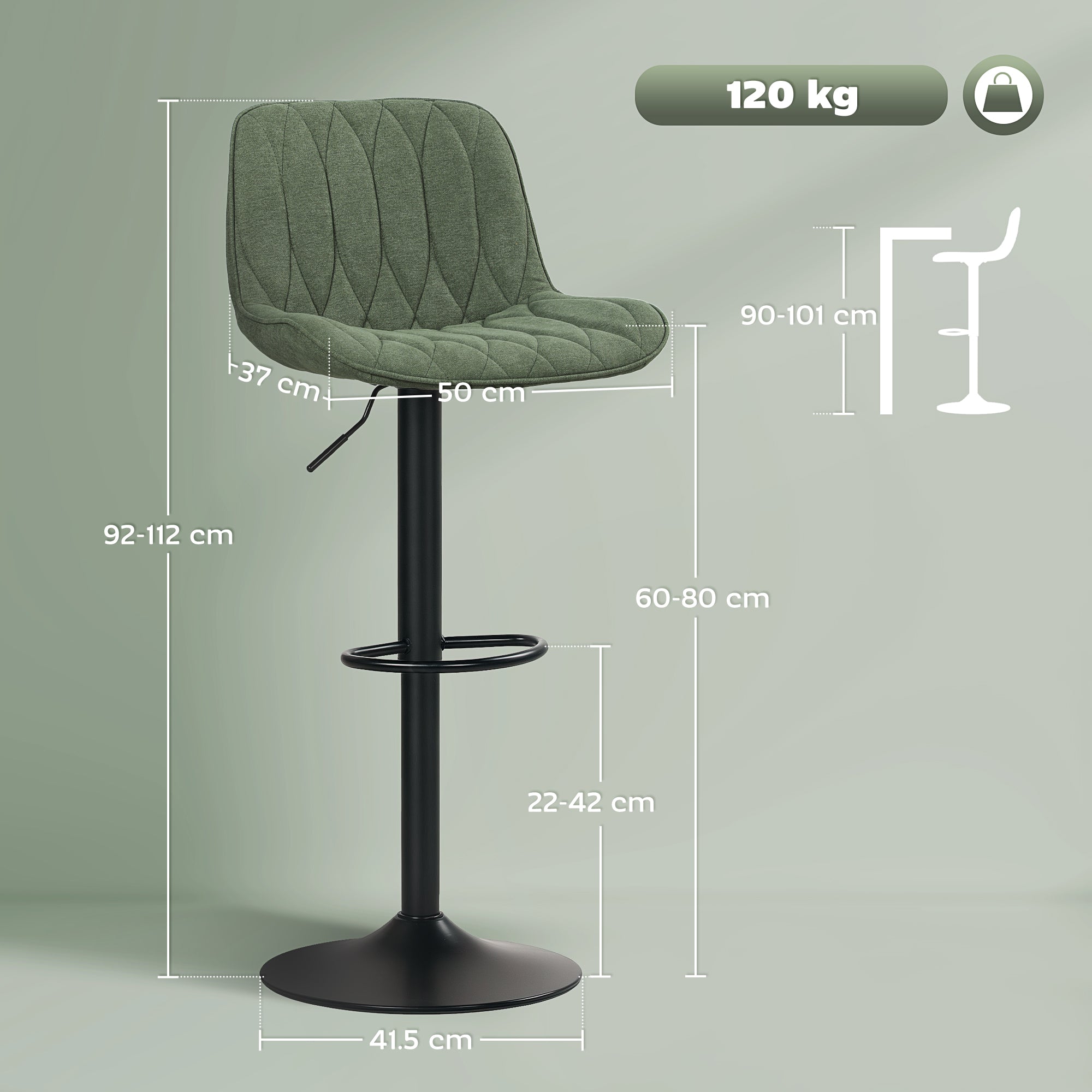 Set of Two Linen-Look Bar Stools - Green