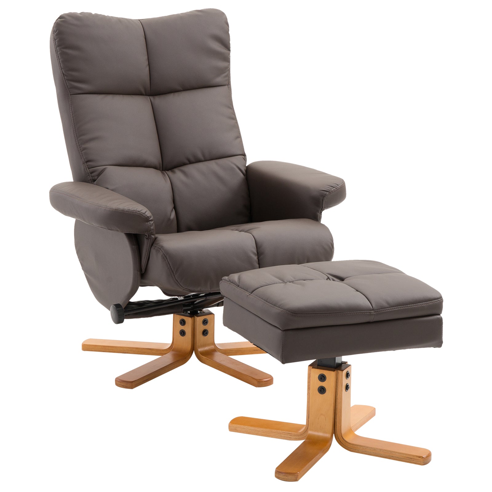 Recliner Armchair, Swivel Reclining Chair With Ottoman, Swivel Faux Leather Chair with Wooden Base and Storage Footstool for Living Room, Brown