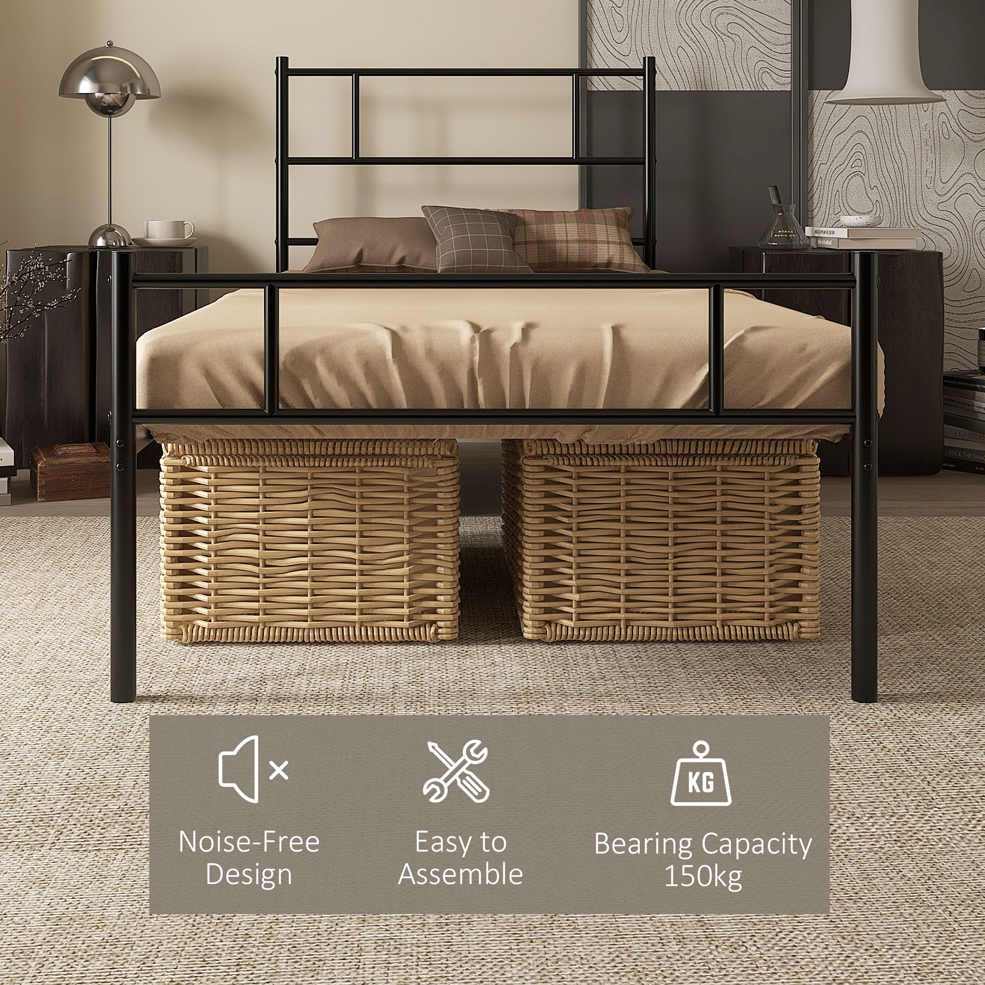 Single Metal Bed Frame Solid Bedstead Base with Headboard and Footboard, Metal Slat Support and Underbed Storage Space, Bedroom Furniture, Black
