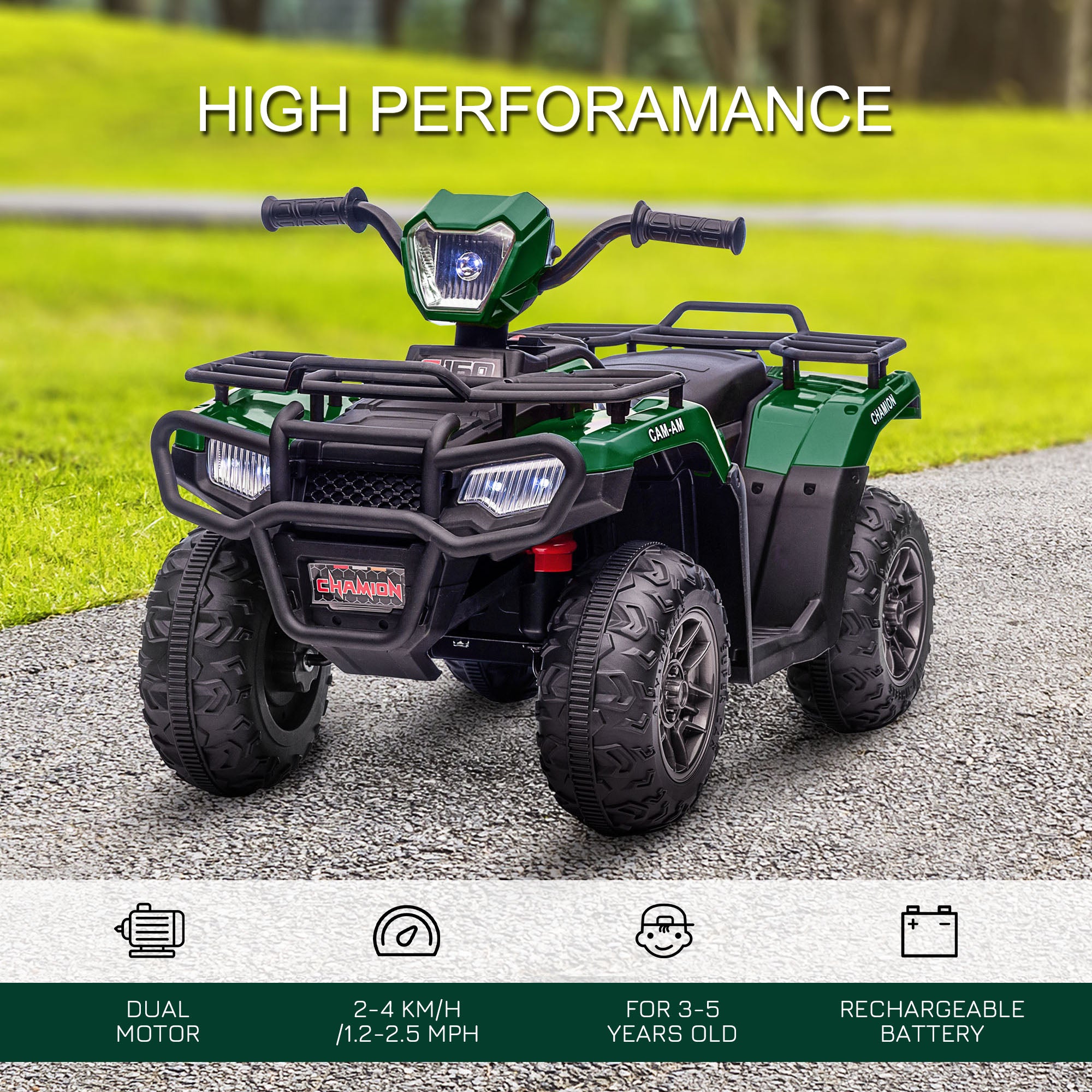 12V Kids Quad Bike with Forward, Reverse Functions, Ride-On ATV w/ Music, LED, Headlights, for Ages 3-5 Years - Green