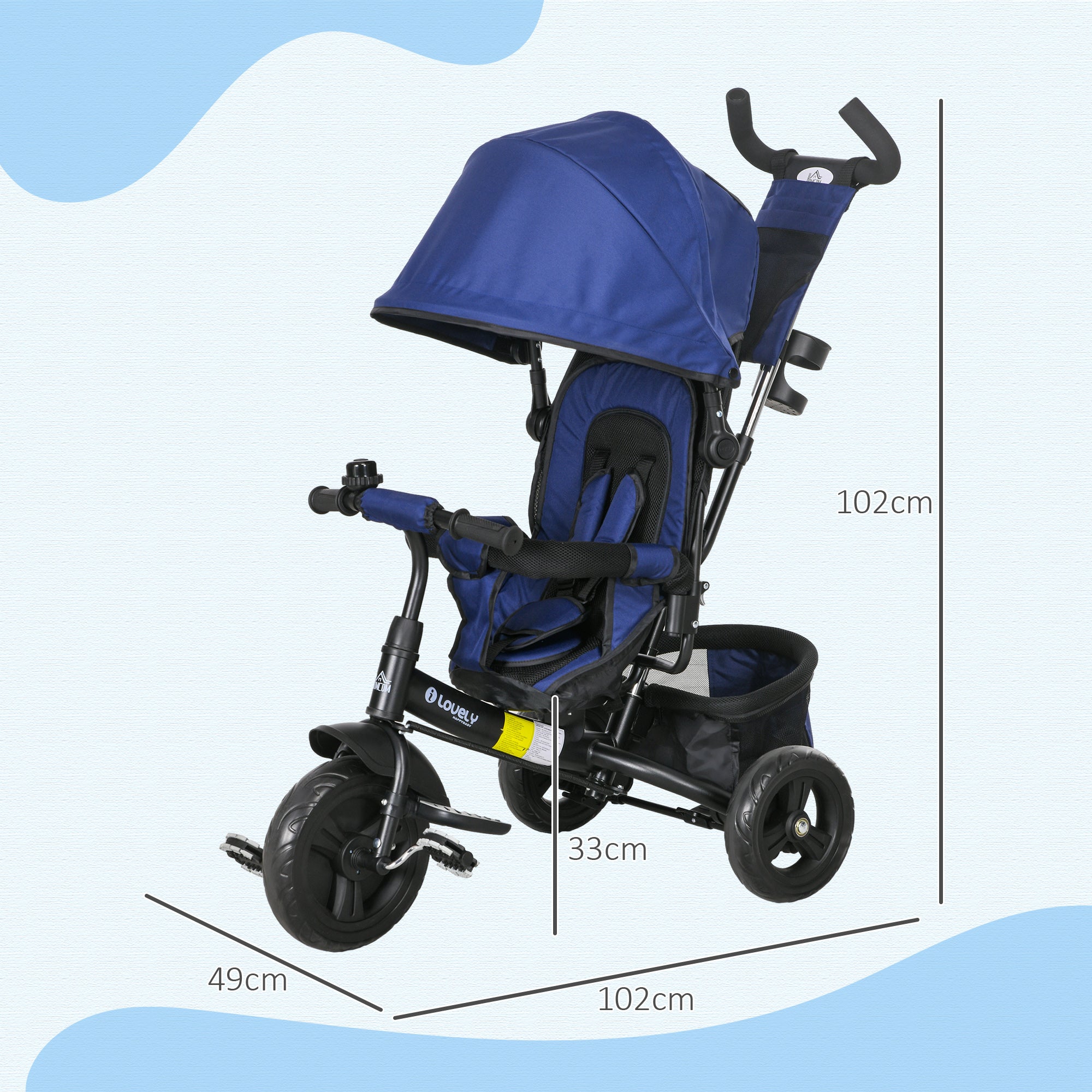 6 in 1 Kids Trike Push Bike with Push Handle, Canopy, 5-point Safety Belt, Storage, Footrest, Brake, for 1-5 Years, Dark Blue