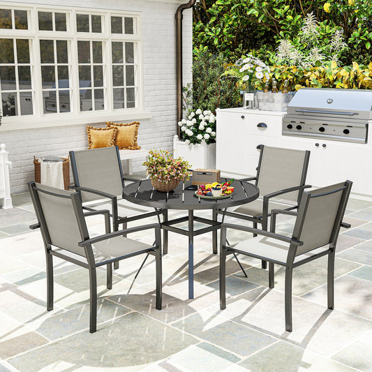 5 Piece Garden Furniture Set, Garden Dining Set with Round Table and 4 Stackable Chairs, Steel Frame, for Outdoor, Patio, Terraces, Dark Grey