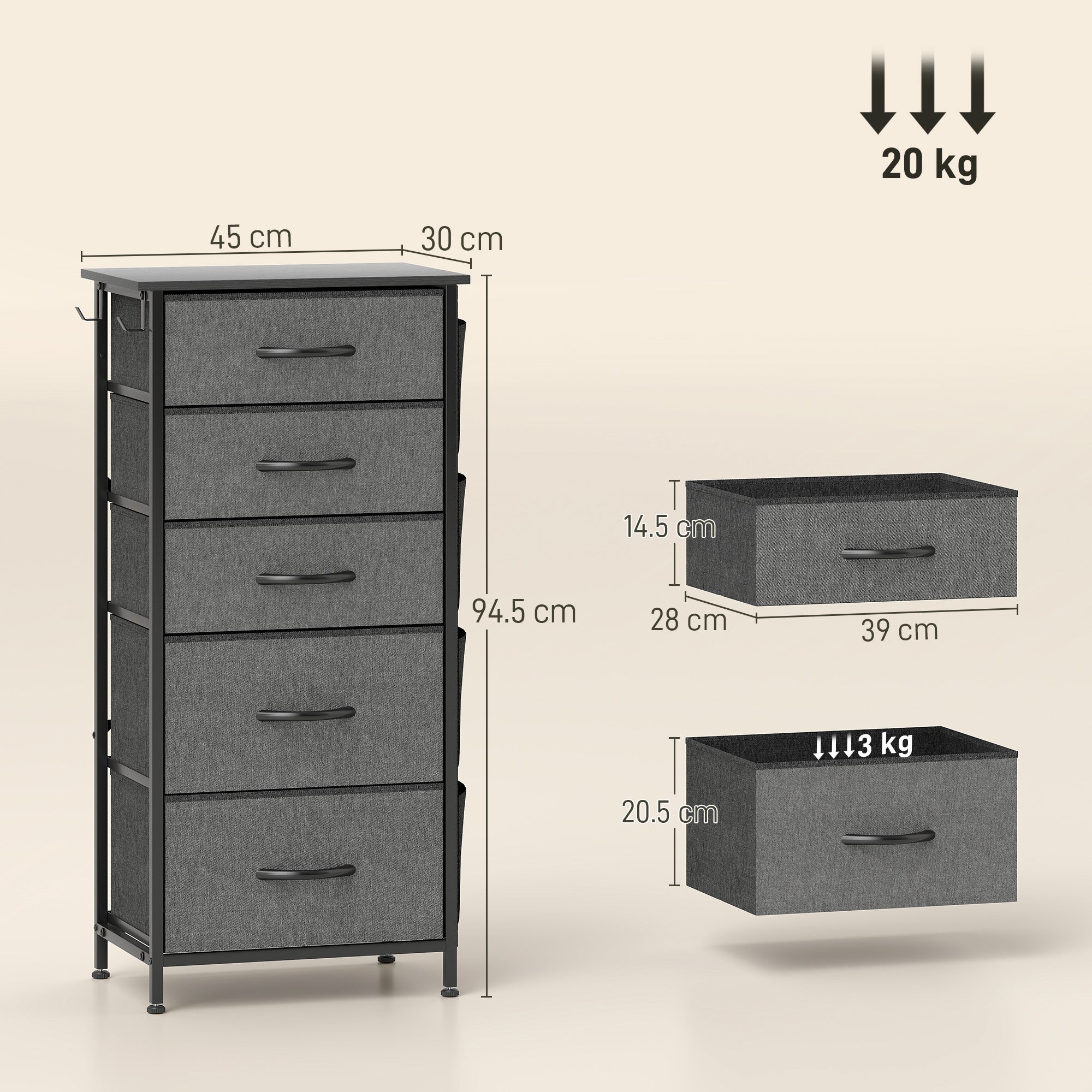 Chest of Five Fabric Drawers - Charcoal Grey