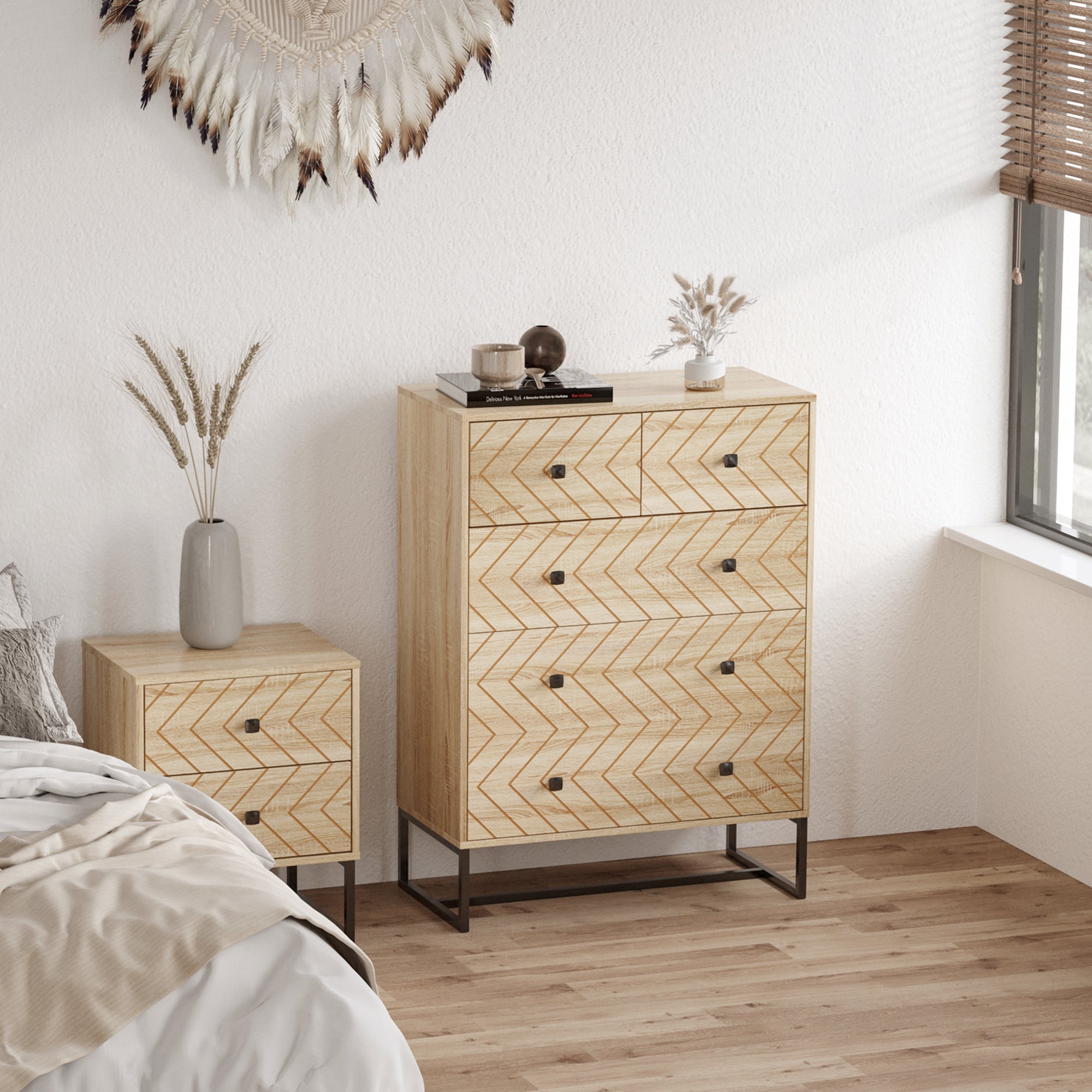 5 Drawer Chest Sideboard Cabinet Storage Unit Bedroom Home Unique Zigzag Design w/ Black Metal Handles Anti Tip & Top