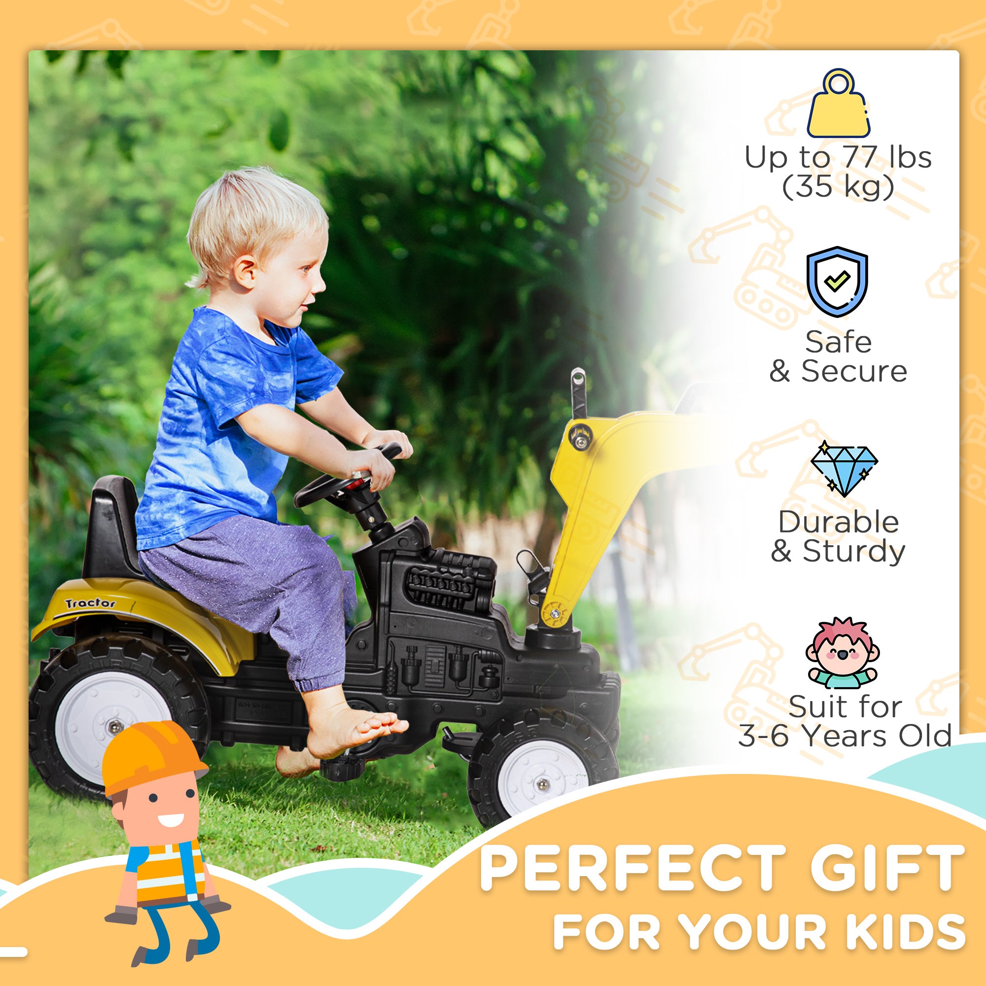 Kids Ride on Digger Pedal Go Kart Pretend Play Construction No Power Truck with Horn for 3 - 6 Years, Yellow
