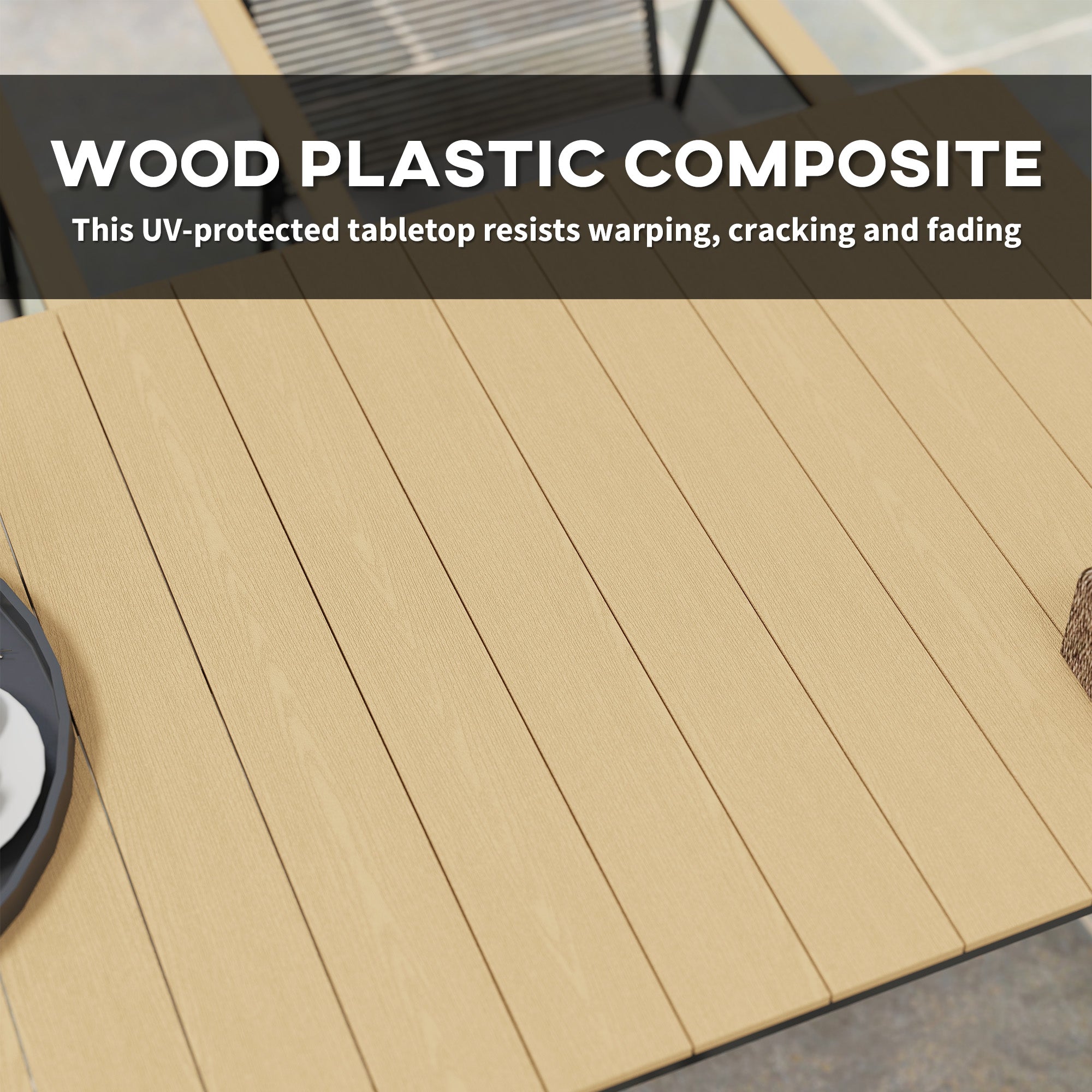 6 Seater Garden Dining Set with Soft Cushions, Rattan Backrest, Rectangular Plastic Top, Garden Furniture Set, Outdoor Dining Table and Chairs for Patio, Balcony, Poolside, Nature Wood Finish