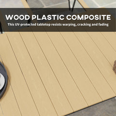 6 Seater Garden Dining Set with Soft Cushions, Rattan Backrest, Rectangular Plastic Top, Garden Furniture Set, Outdoor Dining Table and Chairs for Patio, Balcony, Poolside, Nature Wood Finish