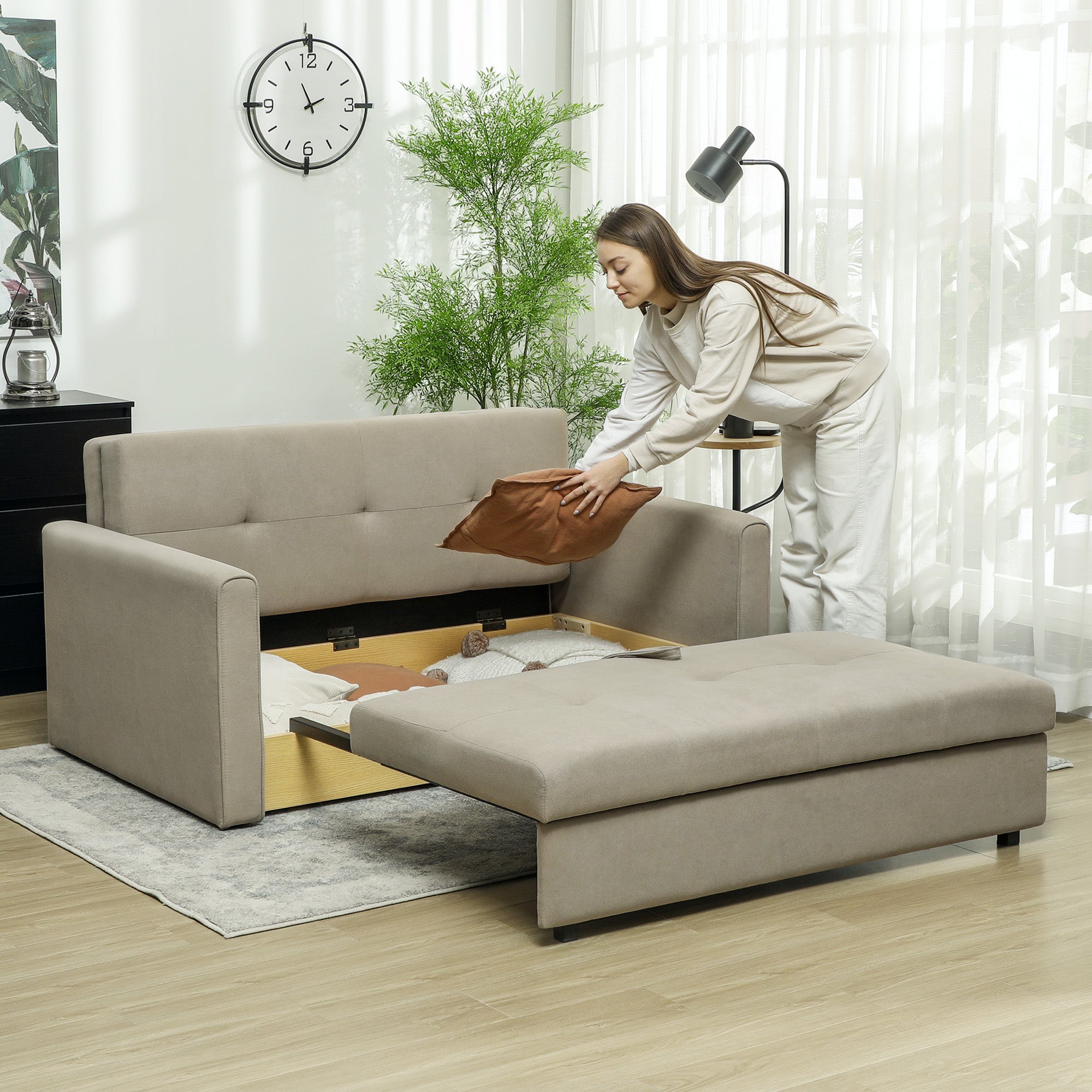 2 Seater Sofa Bed, Convertible Bed Settee, Modern Velvet Loveseat Sofa Couch with 2 Cushions, Hidden Storage for Living Room, Guest Room, Light Brown