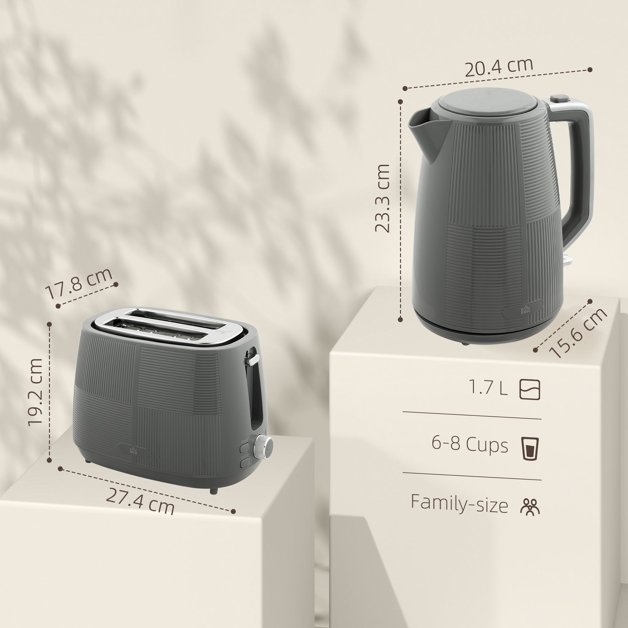 Kettle and Toaster Set, 1.7L 3000W Fast Boil Kettle & 2 Slice Toaster Kitchen Set with 7 Level Browning Controls, Defrost, Reheat, Boil-dry Protection, Grey