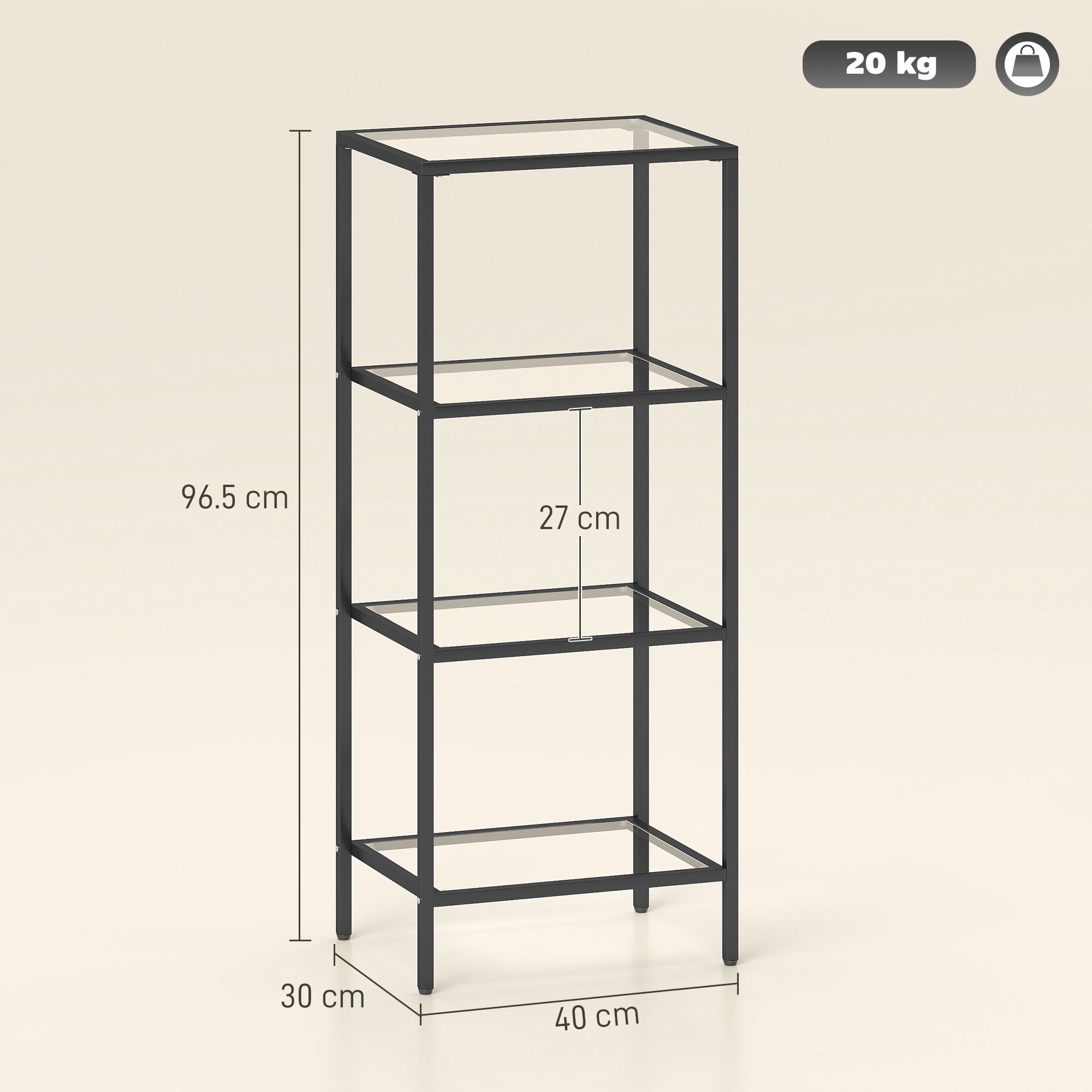 Fynco - 4-Tier Shelving Unit, Glass Shelf, Vertical Storage Shelf for Living Room, Home Office, Bedroom, Bathroom, Black