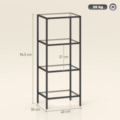 Fynco - 4-Tier Shelving Unit, Glass Shelf, Vertical Storage Shelf for Living Room, Home Office, Bedroom, Bathroom, Black