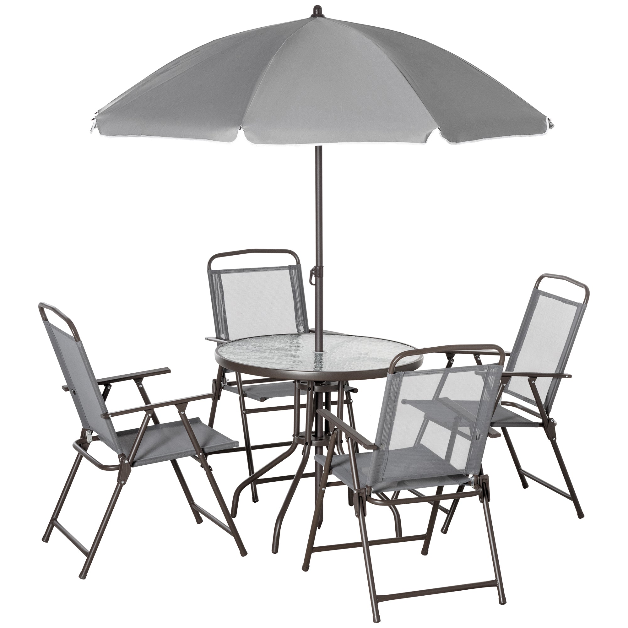 6 Piece Garden Dining Set with Umbrella, Outdoor Dining Sets with Parasol, 4 Folding Dining Chairs & Round Tempered Glass Table, Grey