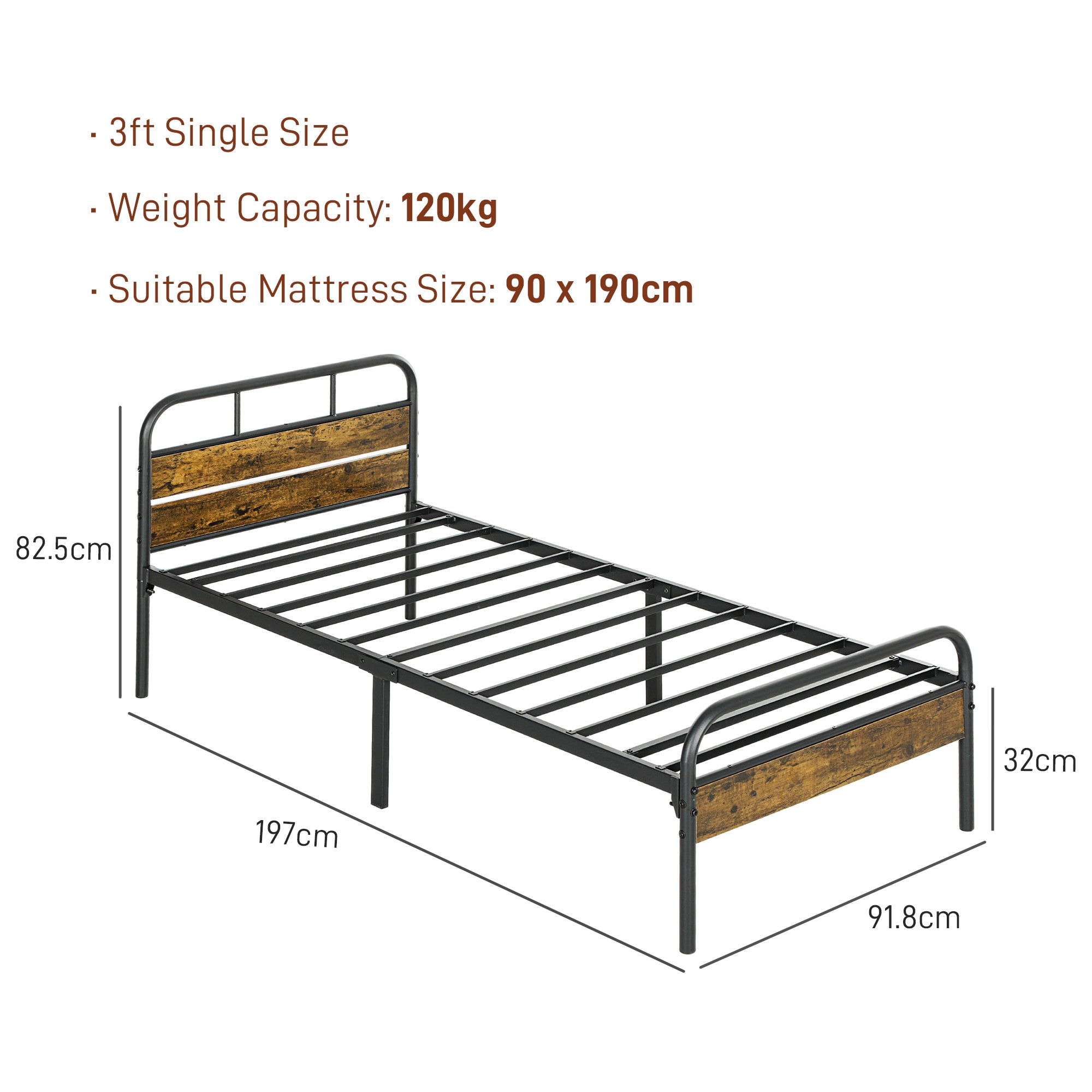 Industrial-Style Single Bed Frame - Black/Brown