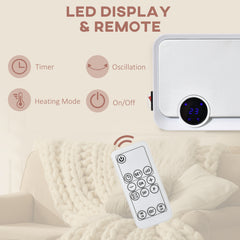 Fynco - Wall Downflow Heater 2 Heat and Fan 1000W/2000W, Electric Space Heater with Timer Remote Oscillating, for Bedroom Home Office, White and Silver