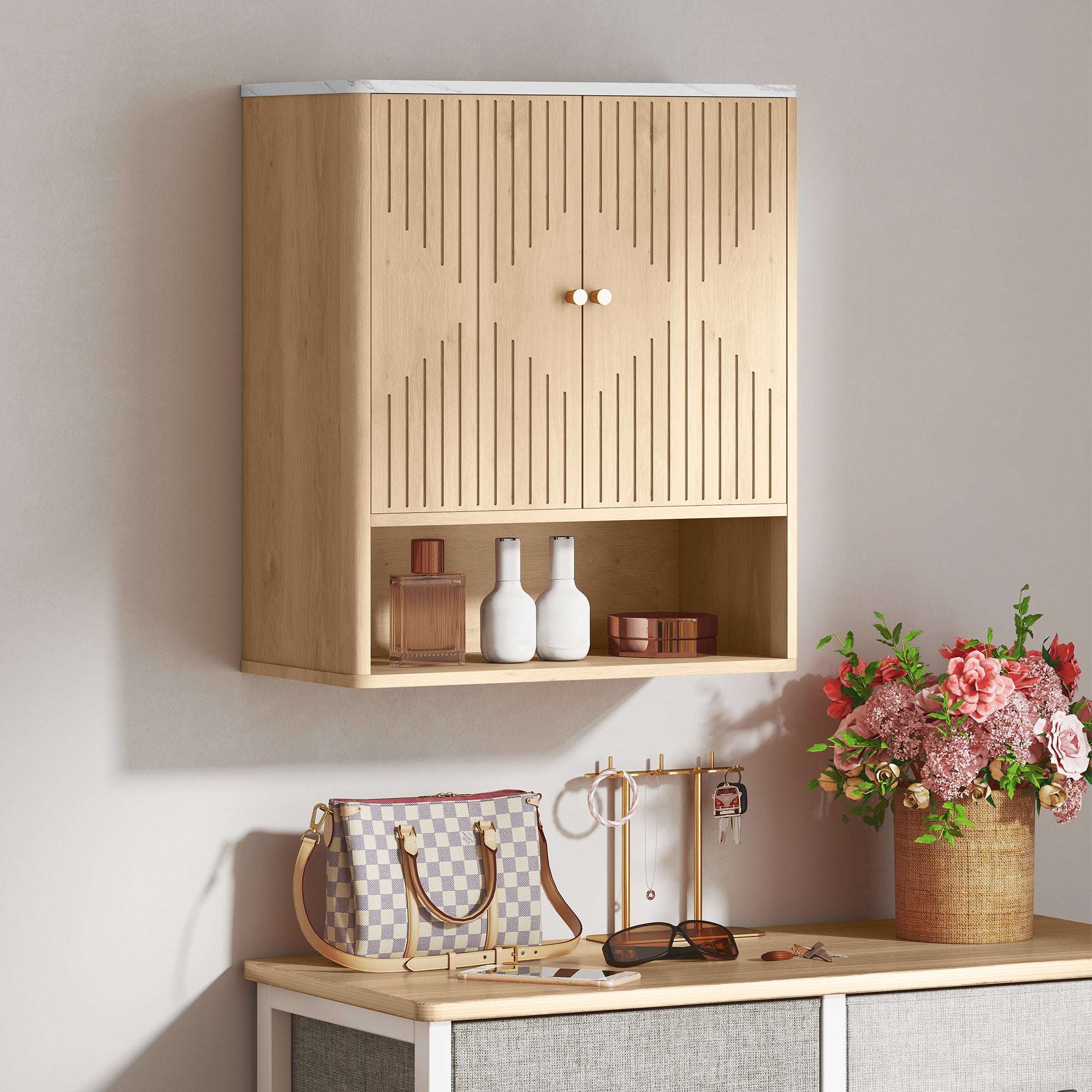 Fynco - Bathroom Wall Cabinet with Adjustable Shelf - Oak