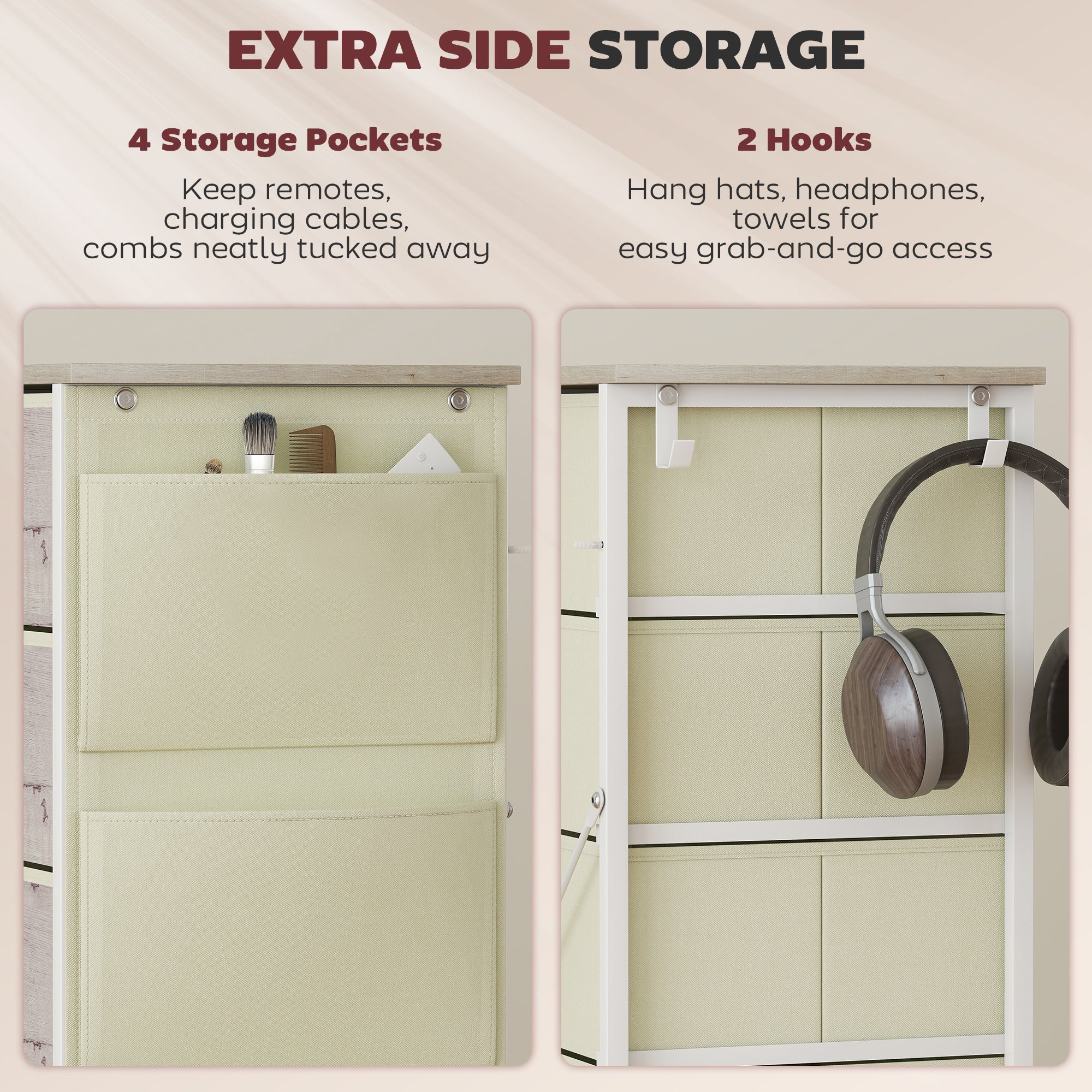 Chest of Five Fabric Drawers - Natural Wood Finish