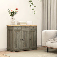 Sideboard with Rubber Wood Top, Modern Storage Cabinet, Kitchen Cupboard with 3 Doors, 3 Drawers and 3 Adjustable Shelves for Dining Room, Living Room, Grey Wood-Effect