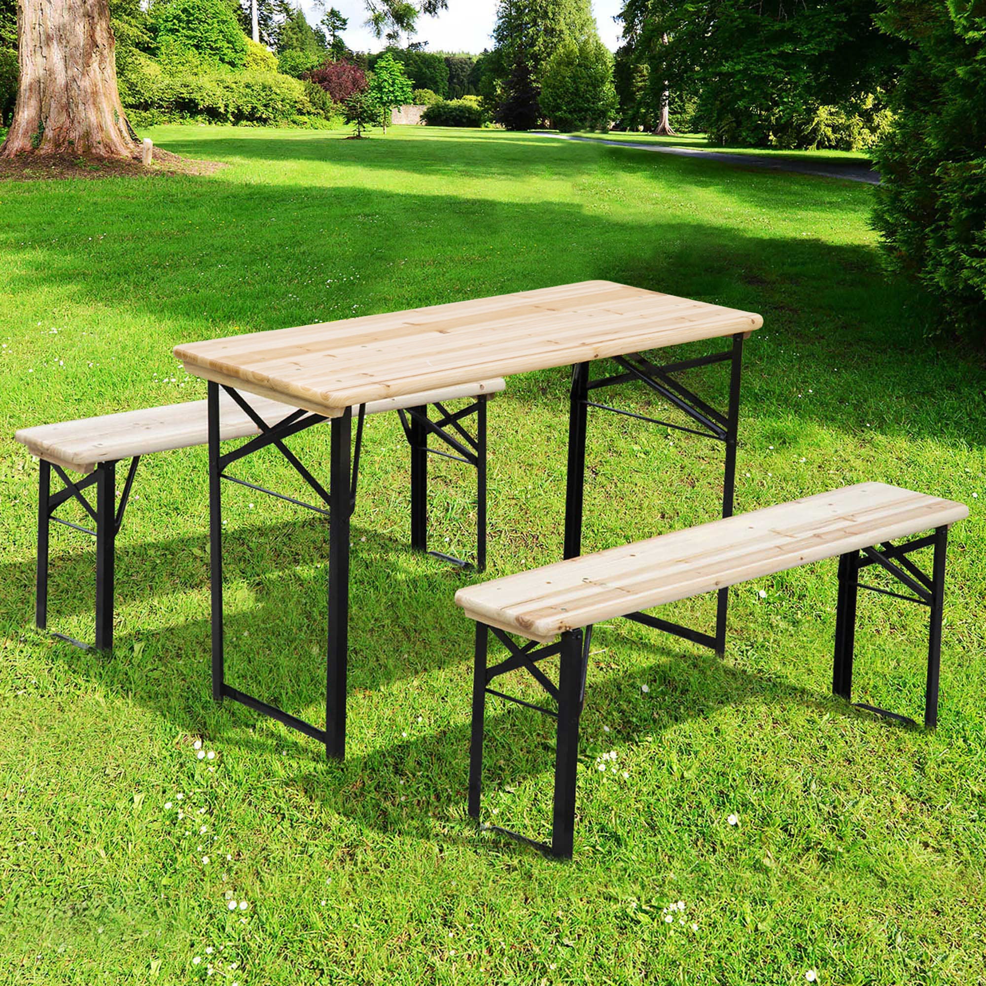 Portable Folding Camping Picnic Trestle Beer Table and Bench Set Garden BBQ Chairs Stools Wooden Wood (120cm(L) x 25cm(W) x 46cm(H))