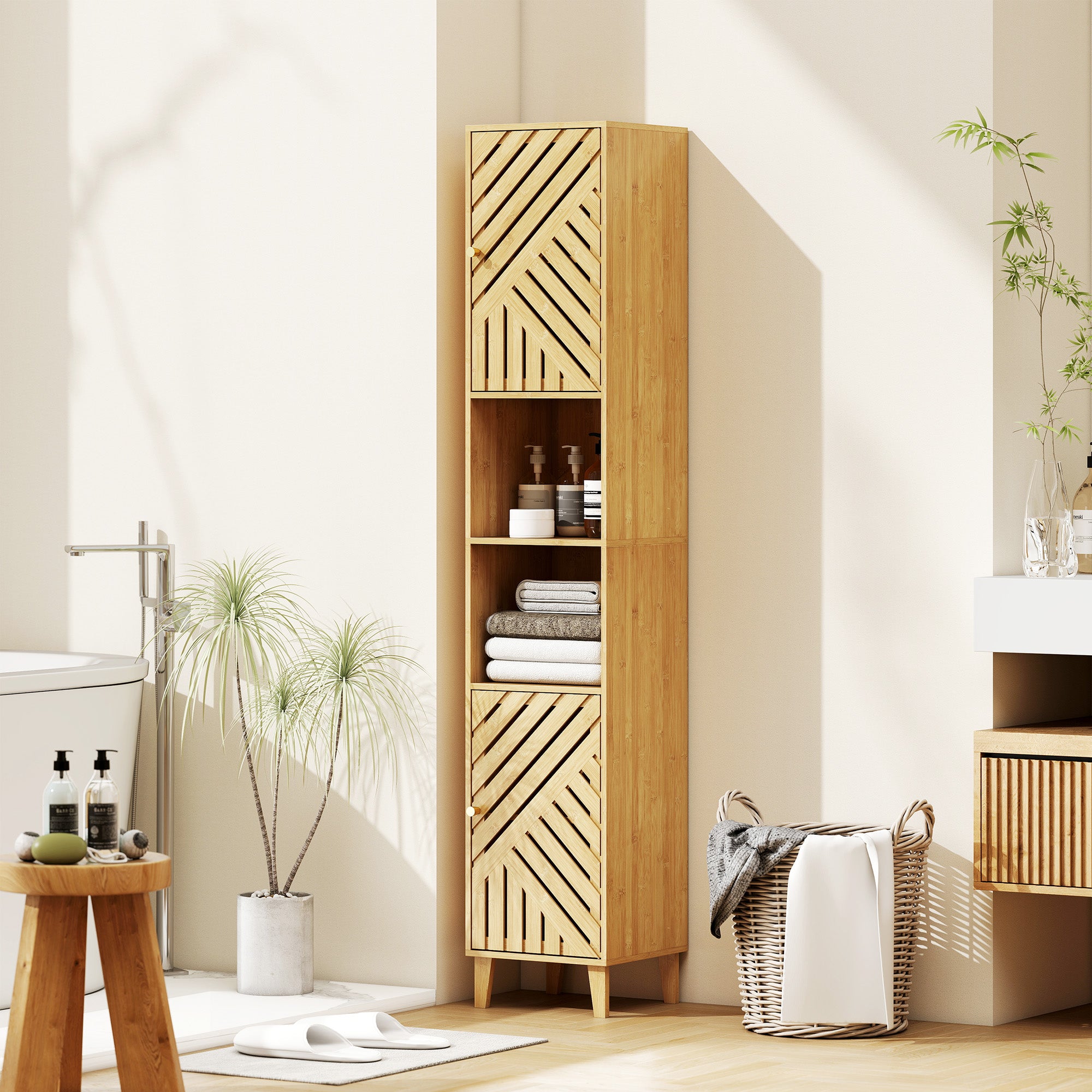 Fynco - Multi-Storage Bamboo Door Bathroom Cabinet - Natural Finish