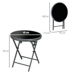 Φ45cm Garden Side Table, Outdoor Round Folding Patio Table with Imitation Marble Glass Top, Small Coffee Table, Black