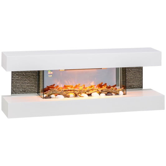 Fynco - 47inch / 120cm Electric Fireplace Wall Mounted, Freestanding, Glass Electric Fire Suite with Mantel, Adjustable LED Flame Effect and Temperature, Log, Pebble, Remote Control, 2000W, White