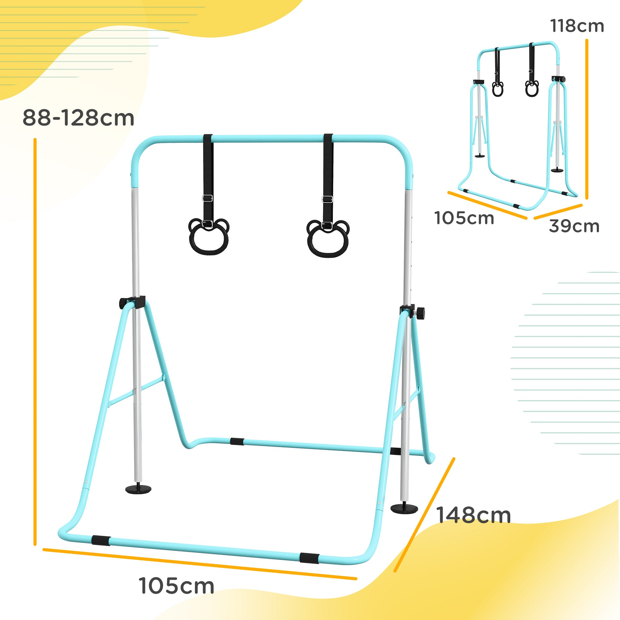 Adjustable Height, Foldable Kids Gymnastics Bar w/ Non-slip Rubber Floor Rings, for 3+ Years, Green