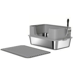 High Sided Stainless Steel Litter Box, Metal Cat Litter Tray with Metal Scoop, Litter Mat, Never Absorbs Odors, Grey