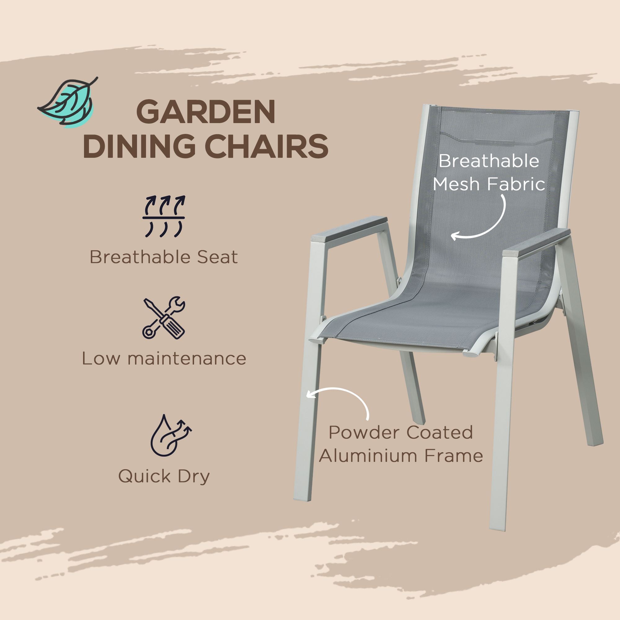 7 Pieces Garden Dining Set, Outdoor Table and 6 Armchairs, Aluminium Frame, Slatted Wood Grain Plastic Top Table, Breathable Mesh Fabric Seats and Backrest, Light Grey