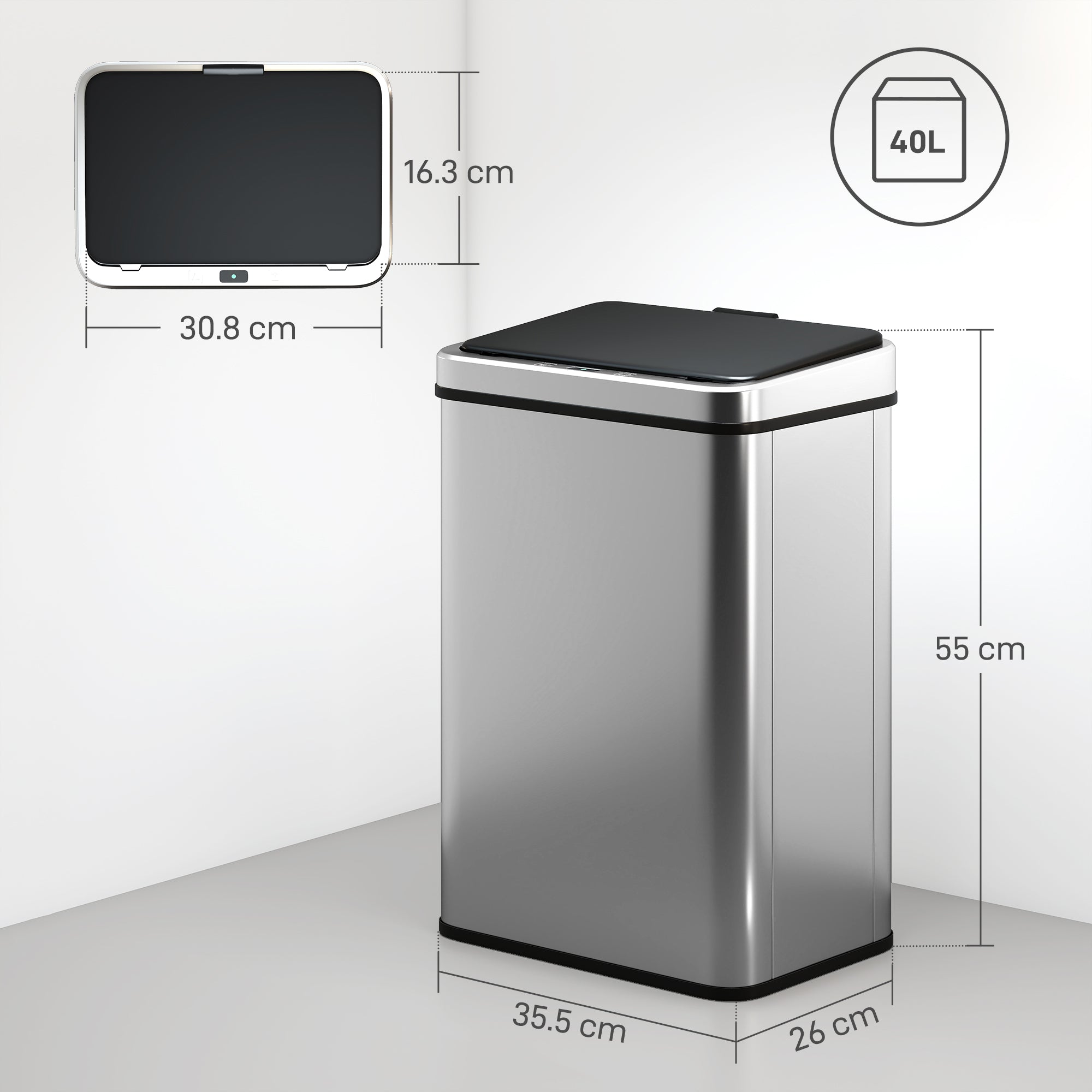 Fynco - 40L Sensor Bin with Quiet Soft-Close Lid, Automatic Touchless Motion Sensor Kitchen Bin with Fingerprint Resistant Stainless Steel for Hygienic Gyms, Home Office Use, Silver Tone