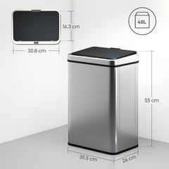 Fynco - 40L Sensor Bin with Quiet Soft-Close Lid, Automatic Touchless Motion Sensor Kitchen Bin with Fingerprint Resistant Stainless Steel for Hygienic Gyms, Home Office Use, Silver Tone