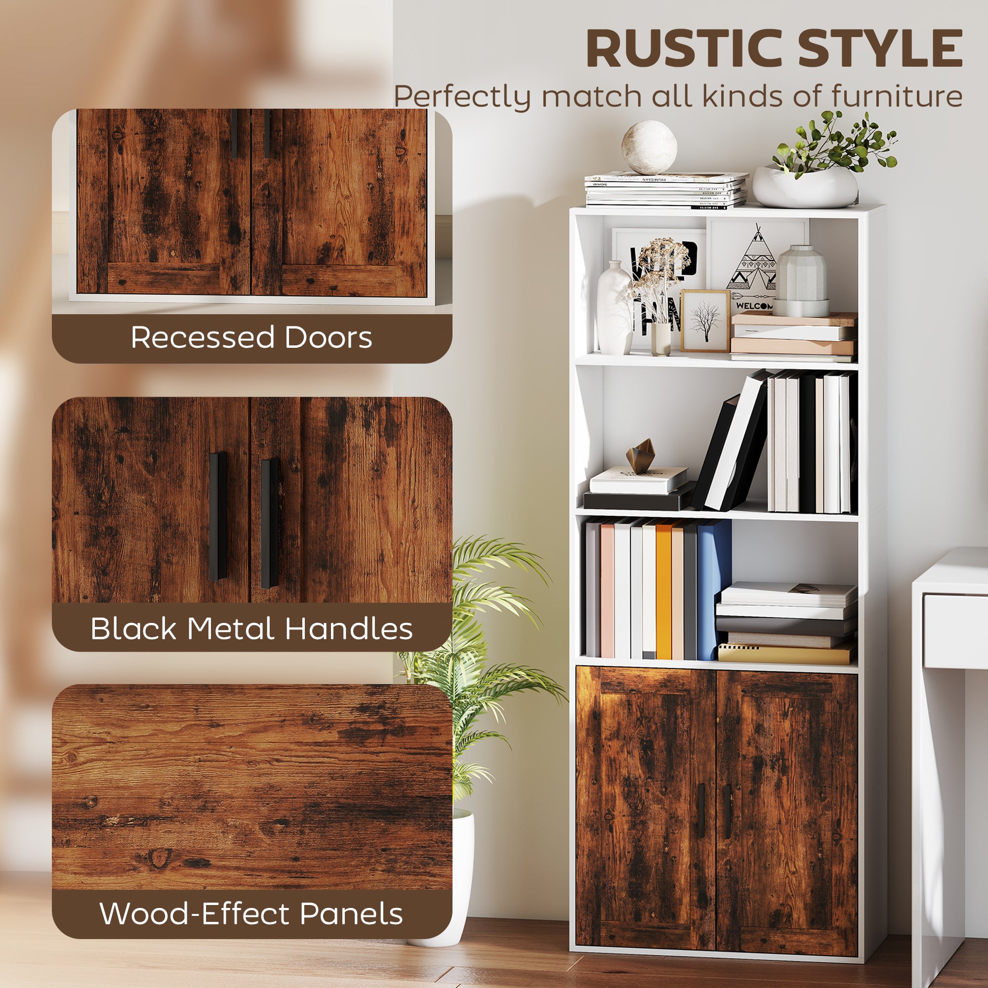 Fynco - 5-Tier Bookcase with Adjustable Shelf - Rustic Brown