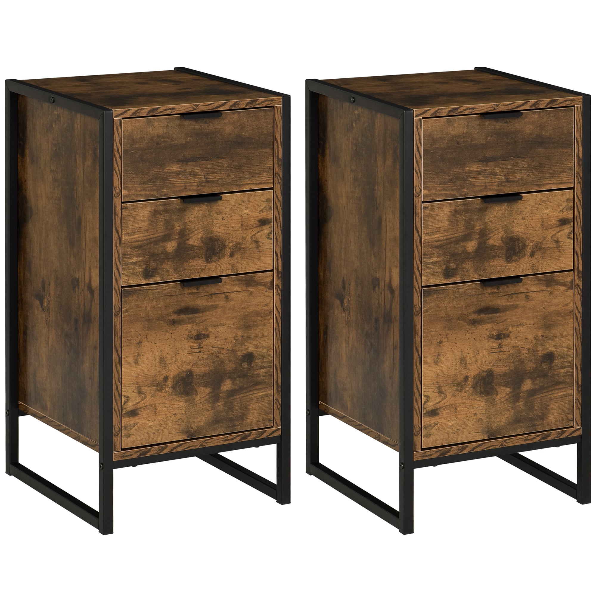 Bedroom Chest of Drawers Set of 2, Industrial 3-Drawer Dresser, Storage Drawers Unit with Metal Frame for Living Room, Rustic Brown