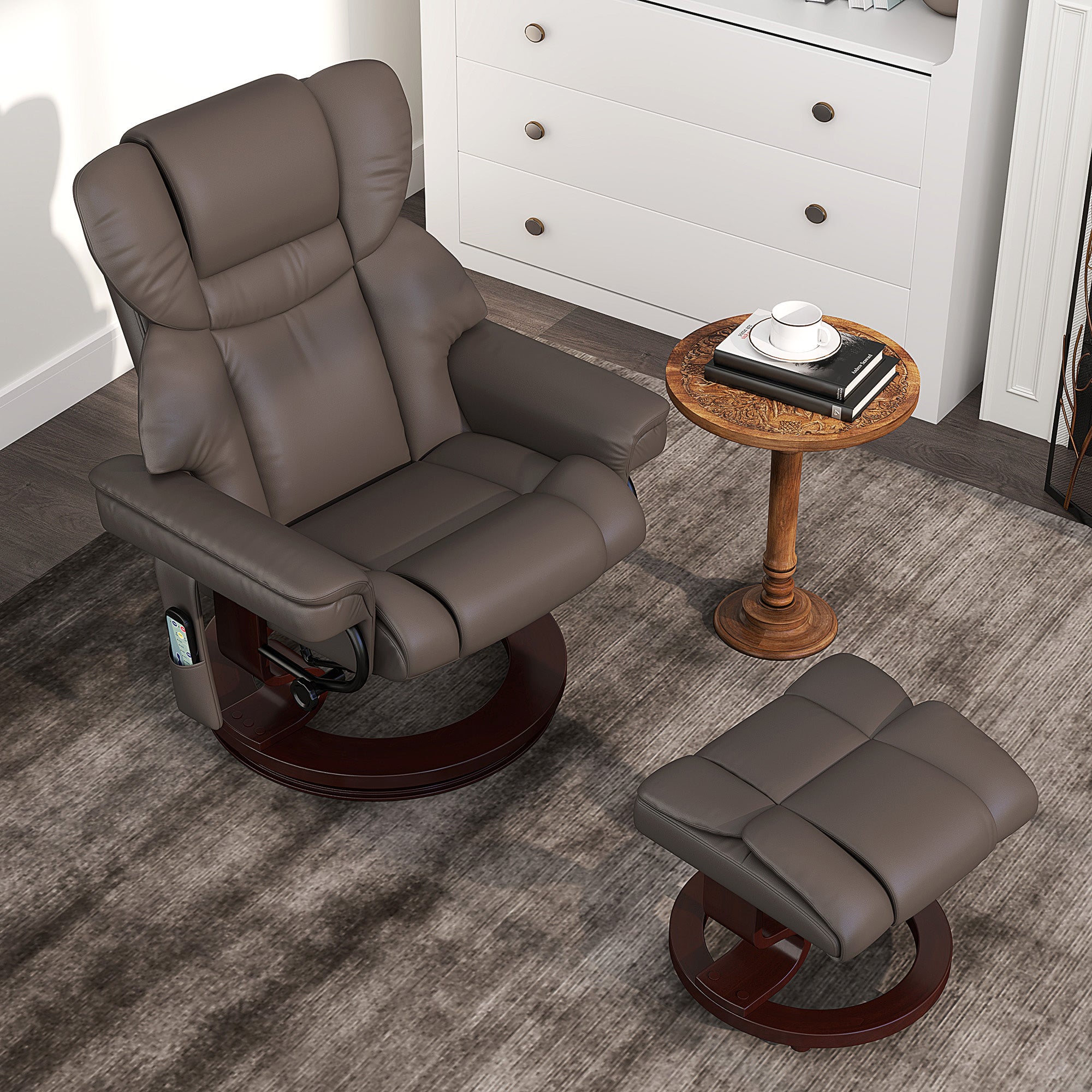Massage Recliner Chair with Footstool, Upholstered Reclining Armchair with Adjustable Backrest, Steel Frame and Wood Base, Swivel Chair for Living Room, Bedroom, Brown