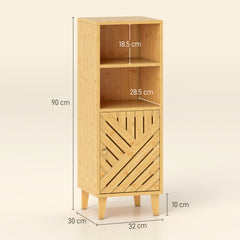 Fynco - Slim Bathroom Cabinet with Bamboo Door and Legs, Narrow Bathroom Storage Cabinet, Freestanding Storage Cupboard with Open Compartments, 32 x 30 x 90 cm, Natural Wood Finish