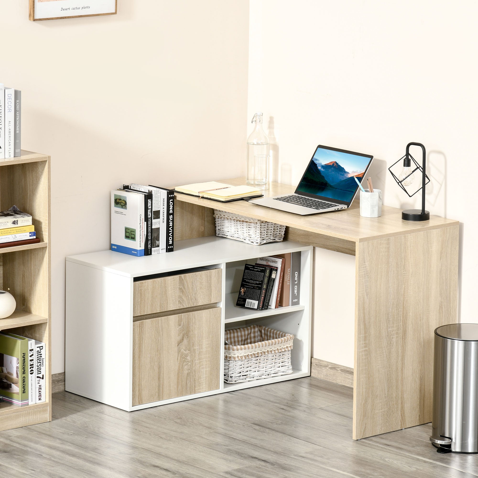 Fynco - L-Shaped Desk, Corner Computer Desk with Storage Drawer, Adjustable Shelf, Cabinet for Home Office and Study, 120 x 92 x 75cm, Oak and White