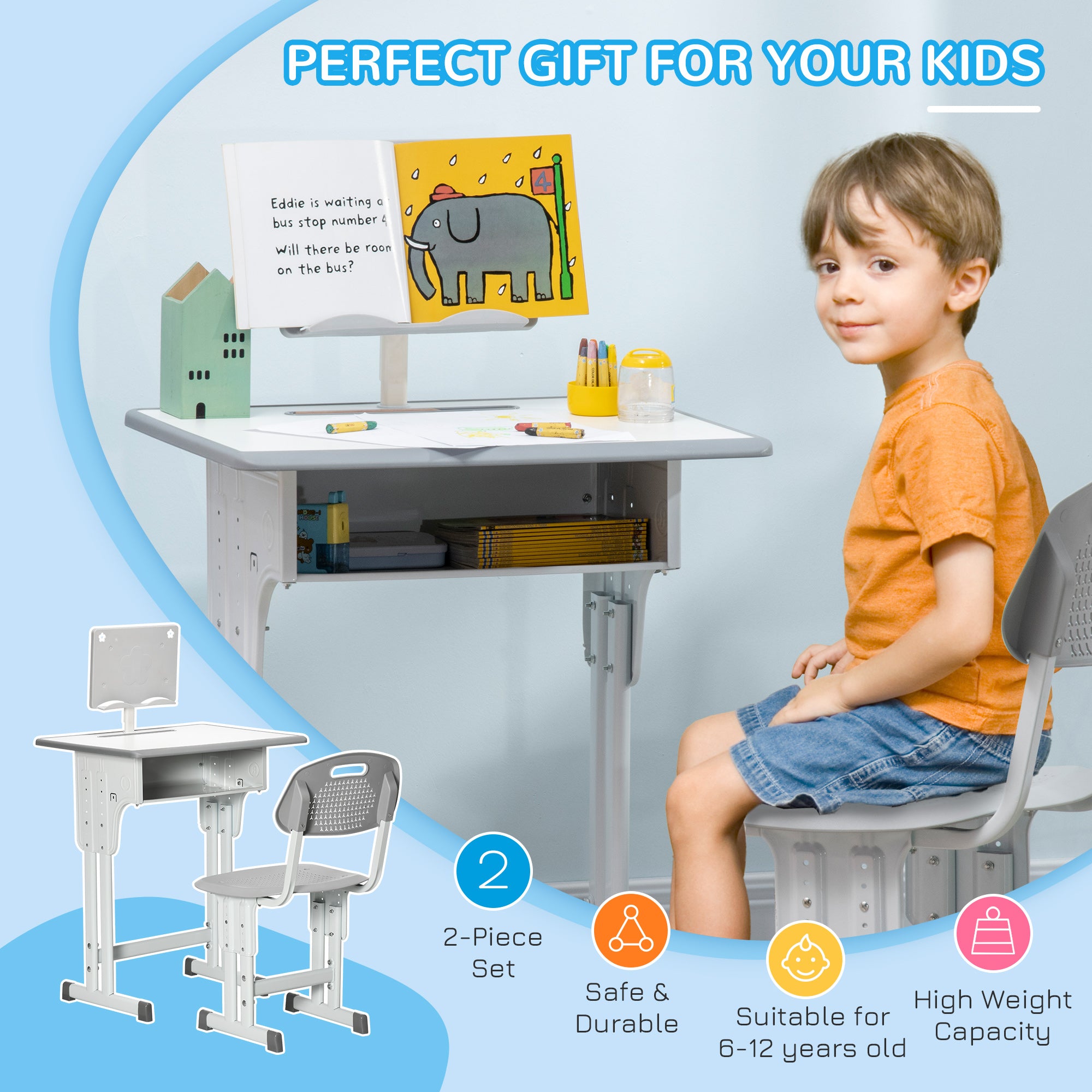 Kids Adjustable Desk and Chair Set, Book Stand, Pen Slot - Grey