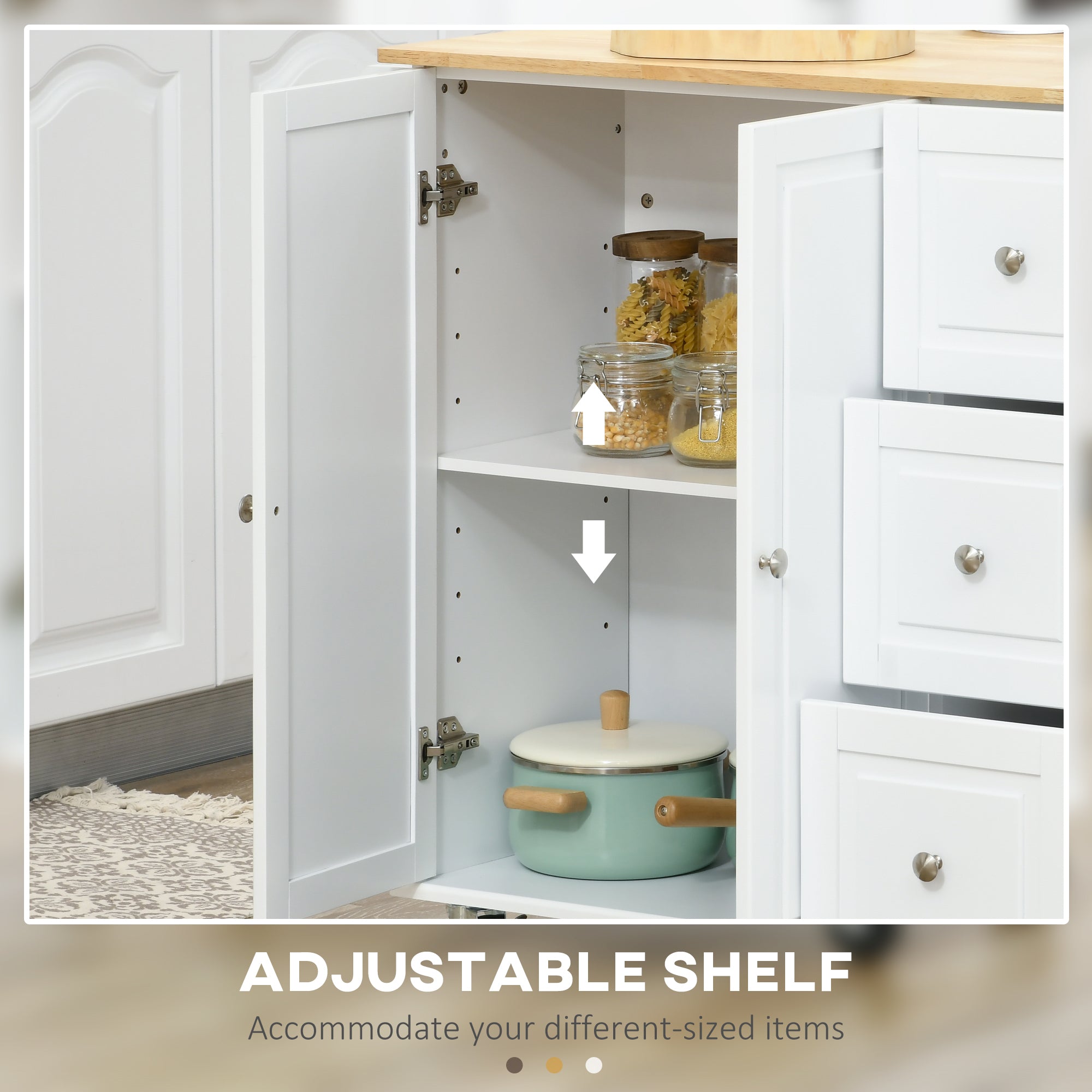 Kitchen Island with Drop Leaf, Rolling Kitchen Storage Trolley on Wheels with 3 Drawers, Spice Rack and Towel Rack, Storage Cart with Rubber Wood Top, White