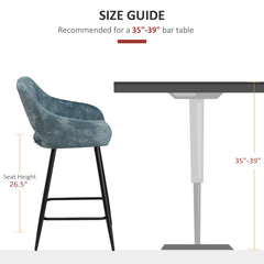 Bar Stools Set of 2, Velvet-Touch Fabric Counter Height Bar Chairs, Kitchen Stools with Steel Legs for Dining Area, Kitchen Island Barstools, Blue