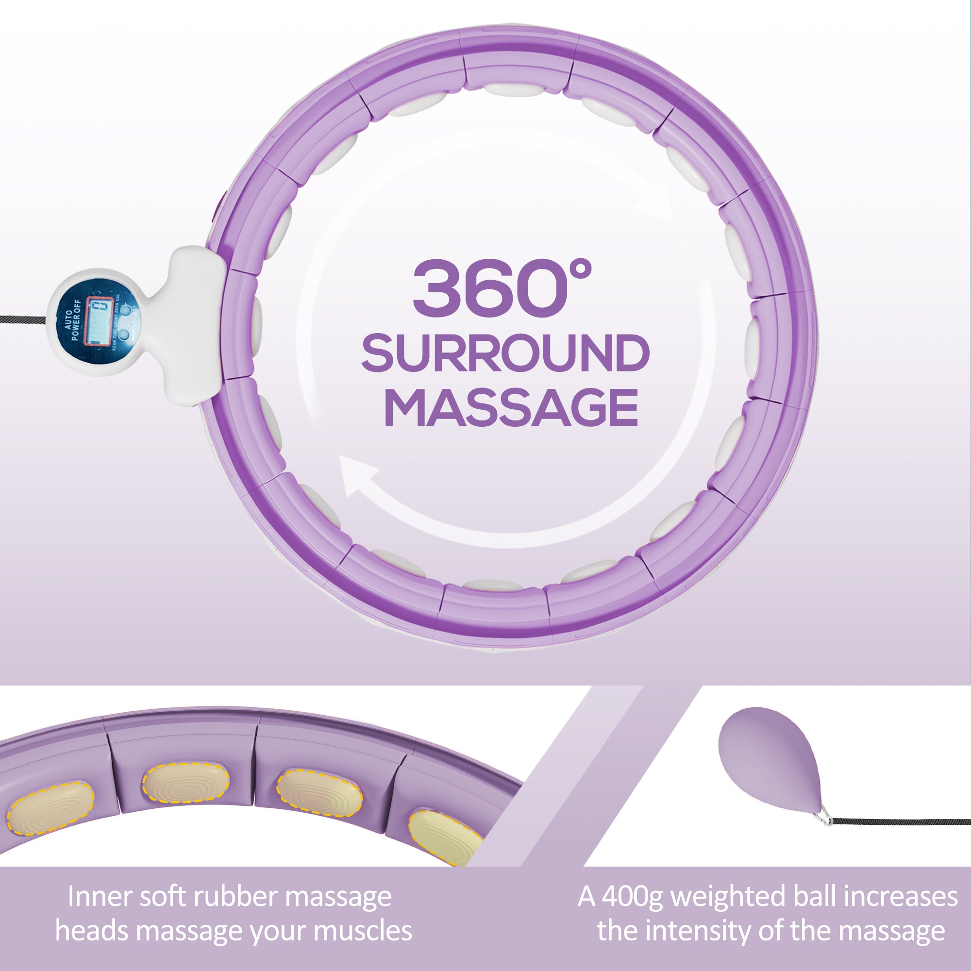 SPORTNOW Smart Weighted Hula Hoop, Massage Hula Ring w/ 16 Detachable Knots, 360° Auto-Rotating Ball, Digital Counter, Purple