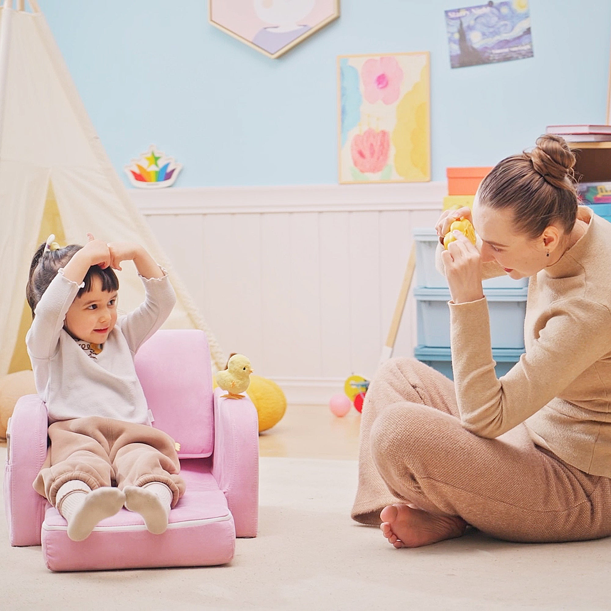 2-in-1 Kids Armchair, Toddler Sofa Bed, with Wood Frame, for Bedroom, Playroom - Pink