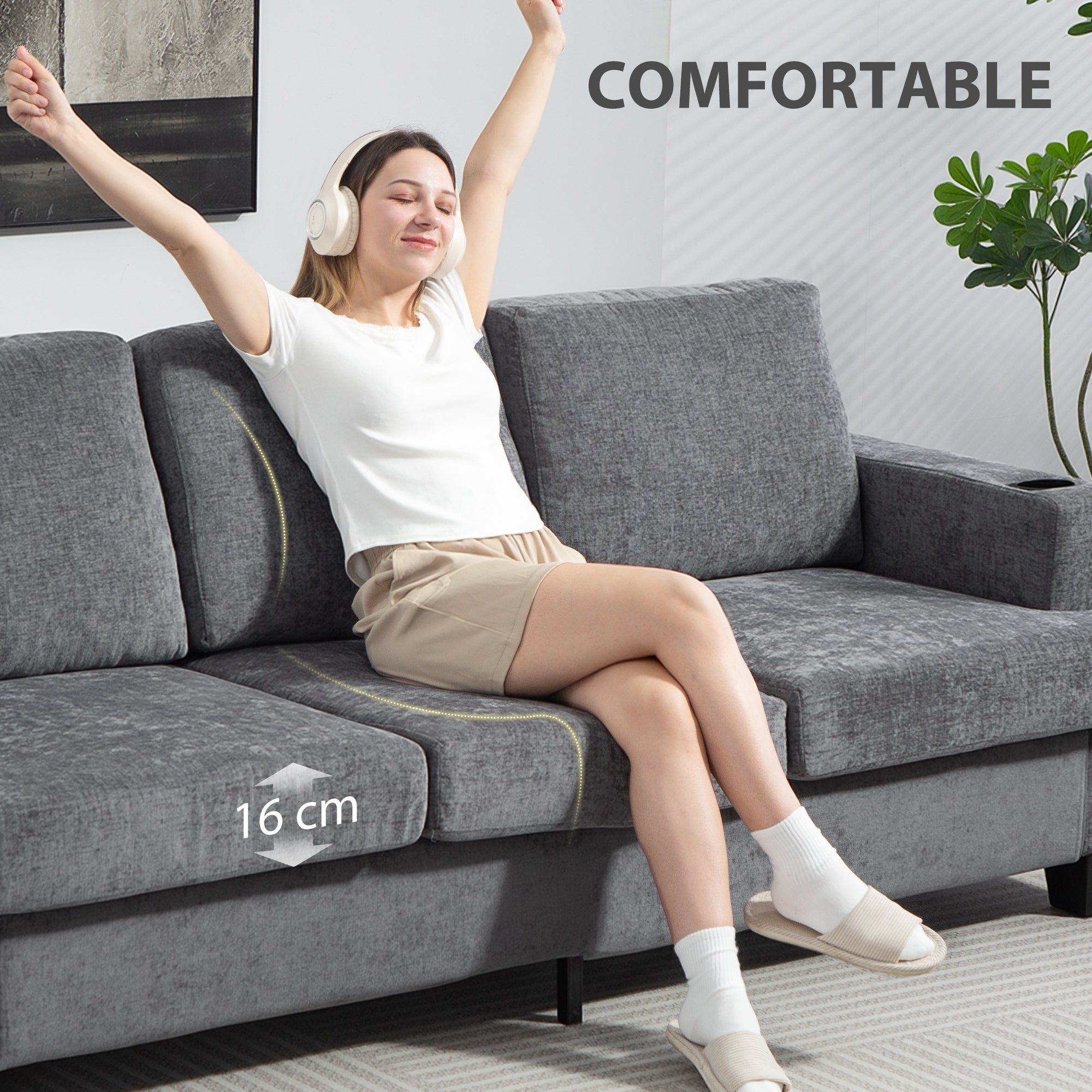Fynco - 3 Seater Sofa with USB Ports & Cup Holders - Grey