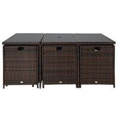 10 Seater Rattan Cube Garden Furniture Set with Parasol Hole, Rattan Dining Set with Cushions, Outdoor Dining Table and Chairs with Rectangular Glass Top Table for Patio, Mixed Brown